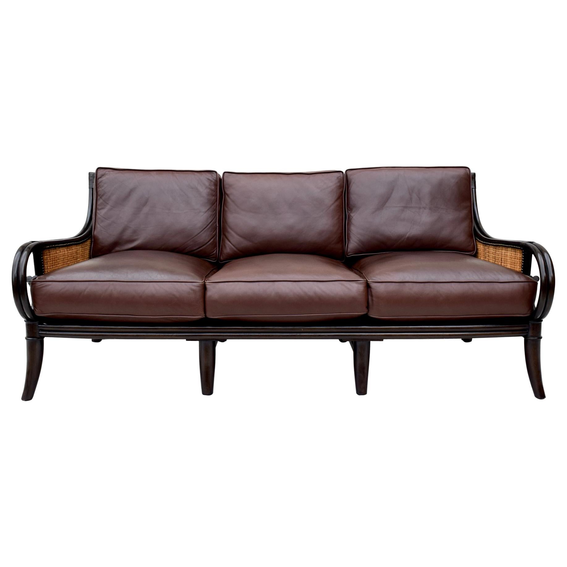 Palecek Leather Lacquered Rattan and Cane Sofa