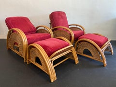 Palecek Rattan and Cane Wrapped Reclining Lounge Chairs with Ottomans, a Pair