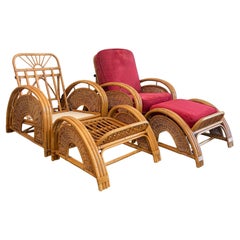 Used Palecek Rattan and Cane Wrapped Reclining Lounge Chairs with Ottomans, a Pair