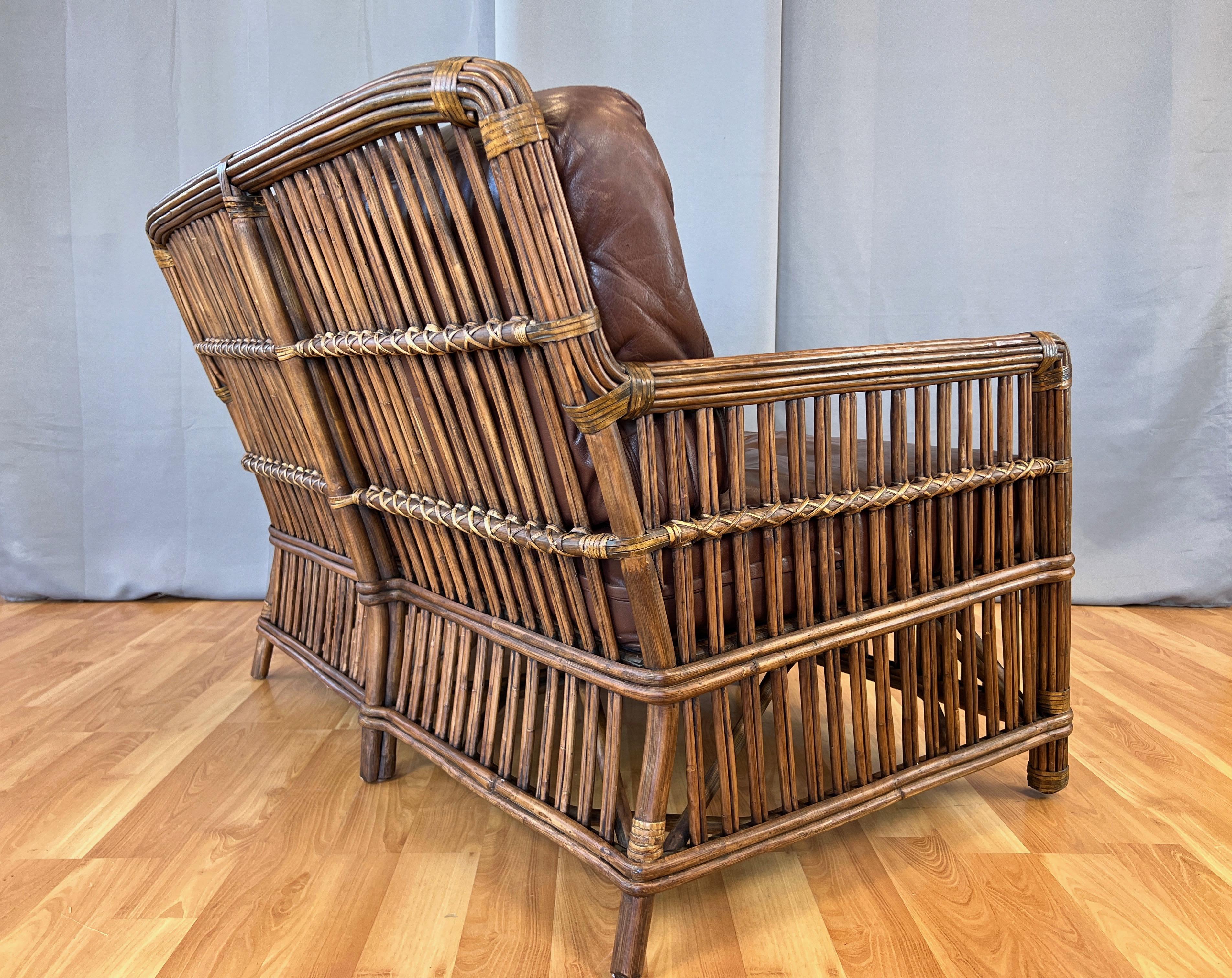 Palecek Rattan and Leather President’s Loveseat, Original Design, c. 2010 In Good Condition For Sale In San Francisco, CA