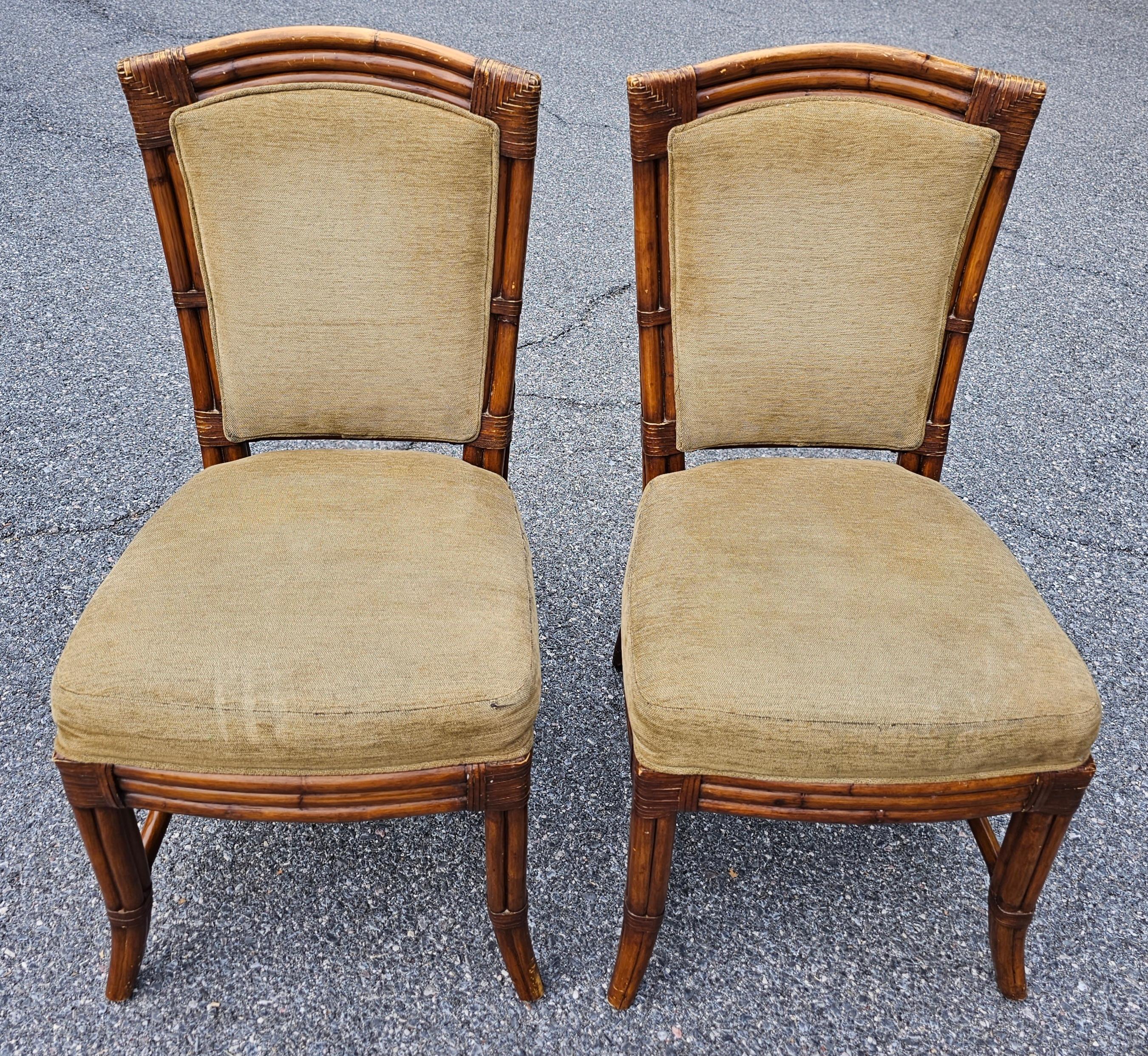 Palecek Set of Four Mid-Century  Rattan, Leather and Upholstered Dining Chairs For Sale 8