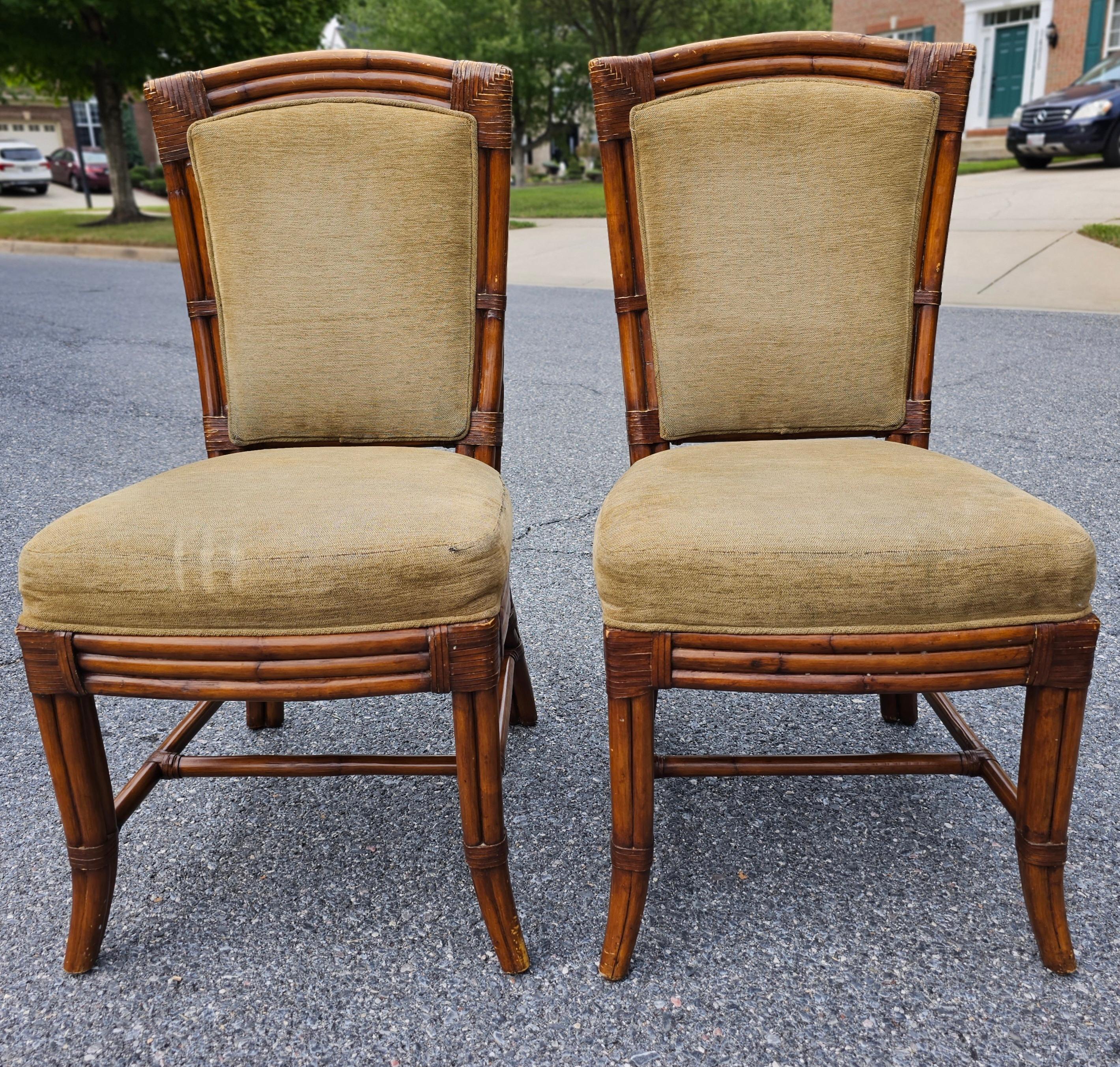 Palecek Set of Four Mid-Century  Rattan, Leather and Upholstered Dining Chairs For Sale 9
