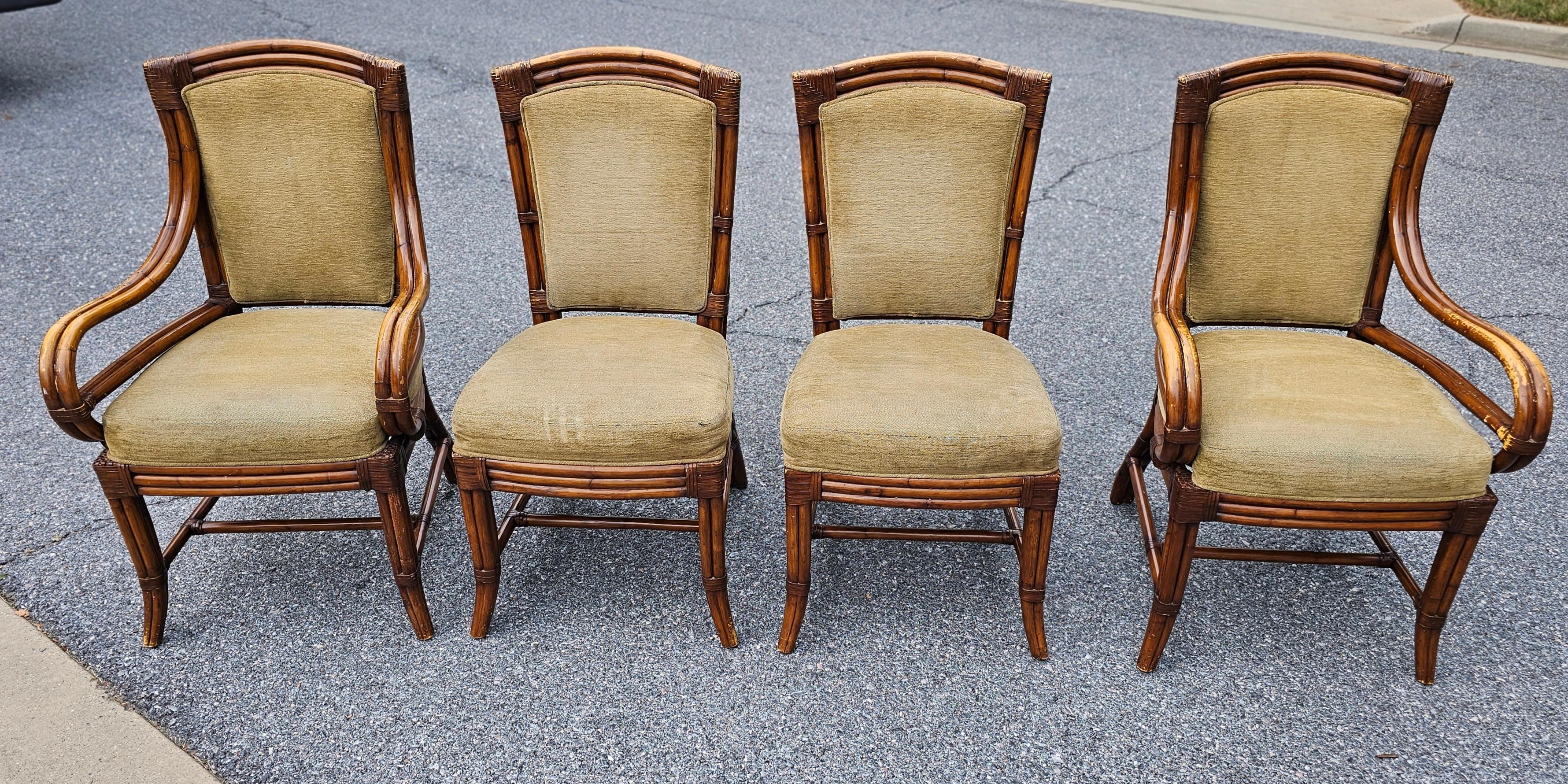 Palecek Set of Four Mid-Century  Rattan, Leather and Upholstered Dining Chairs For Sale 10