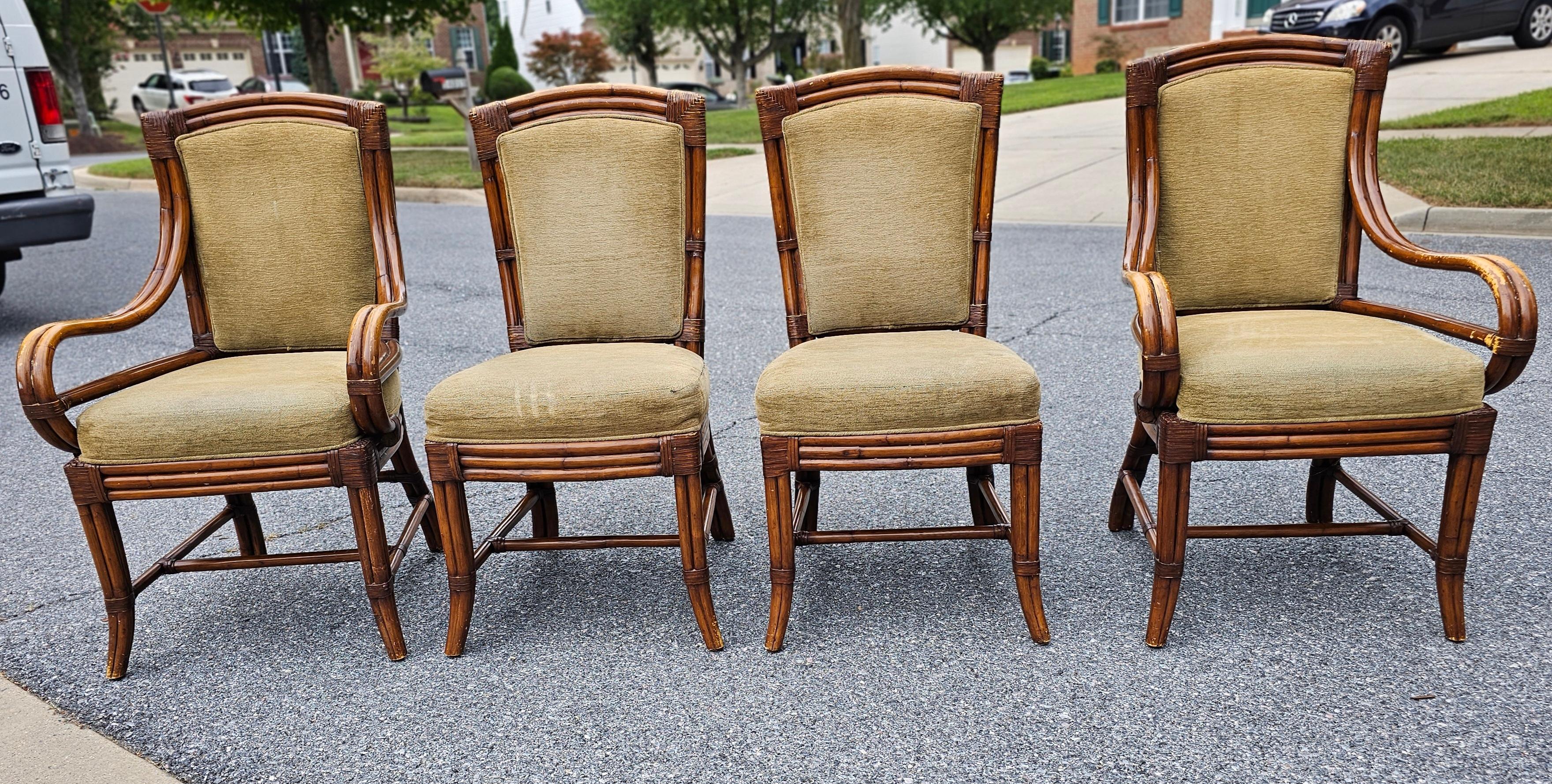 Palecek Set of Four Mid-Century  Rattan, Leather and Upholstered Dining Chairs For Sale 11