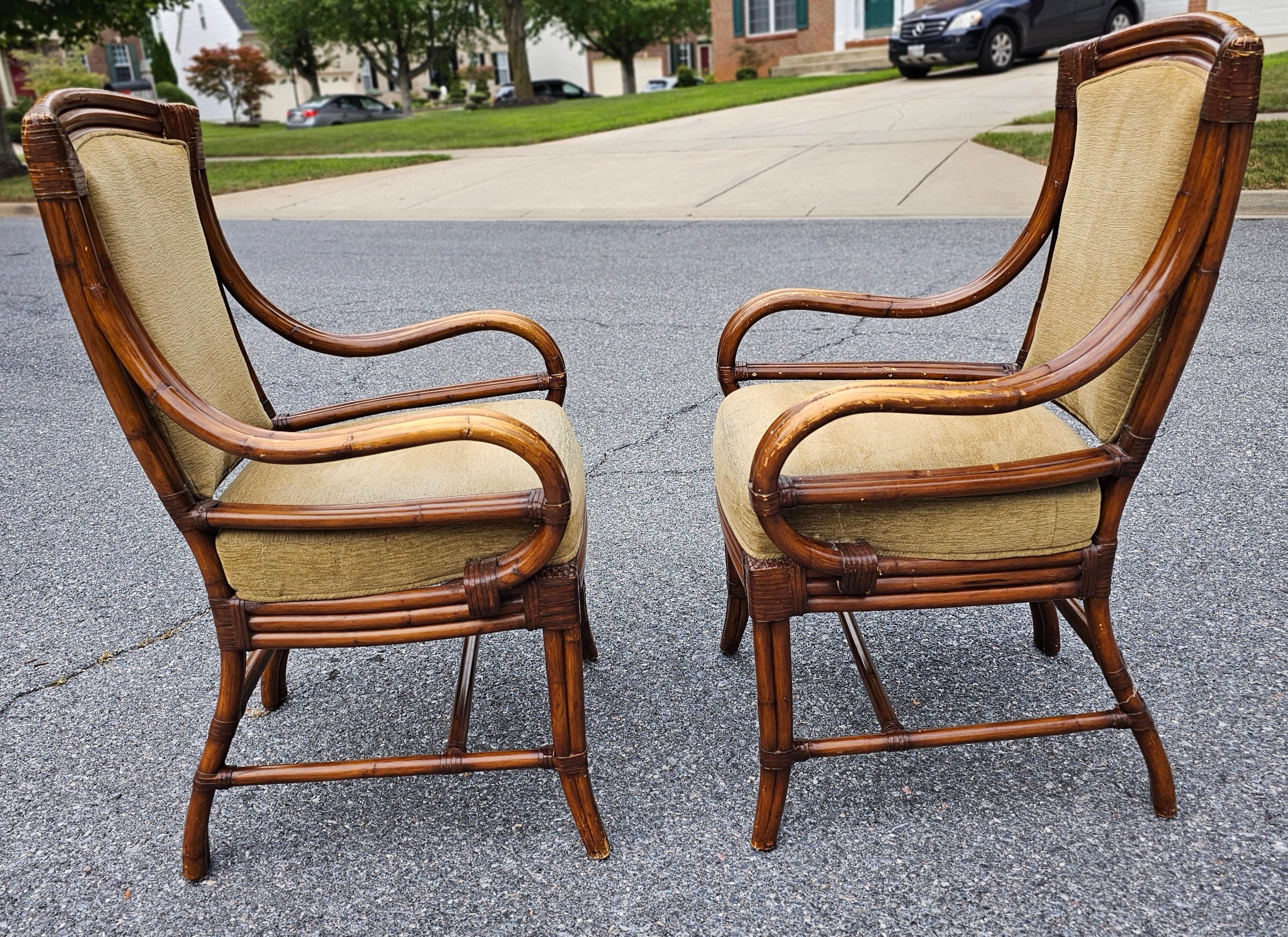 Palecek Set of Four Mid-Century  Rattan, Leather and Upholstered Dining Chairs In Good Condition For Sale In Germantown, MD