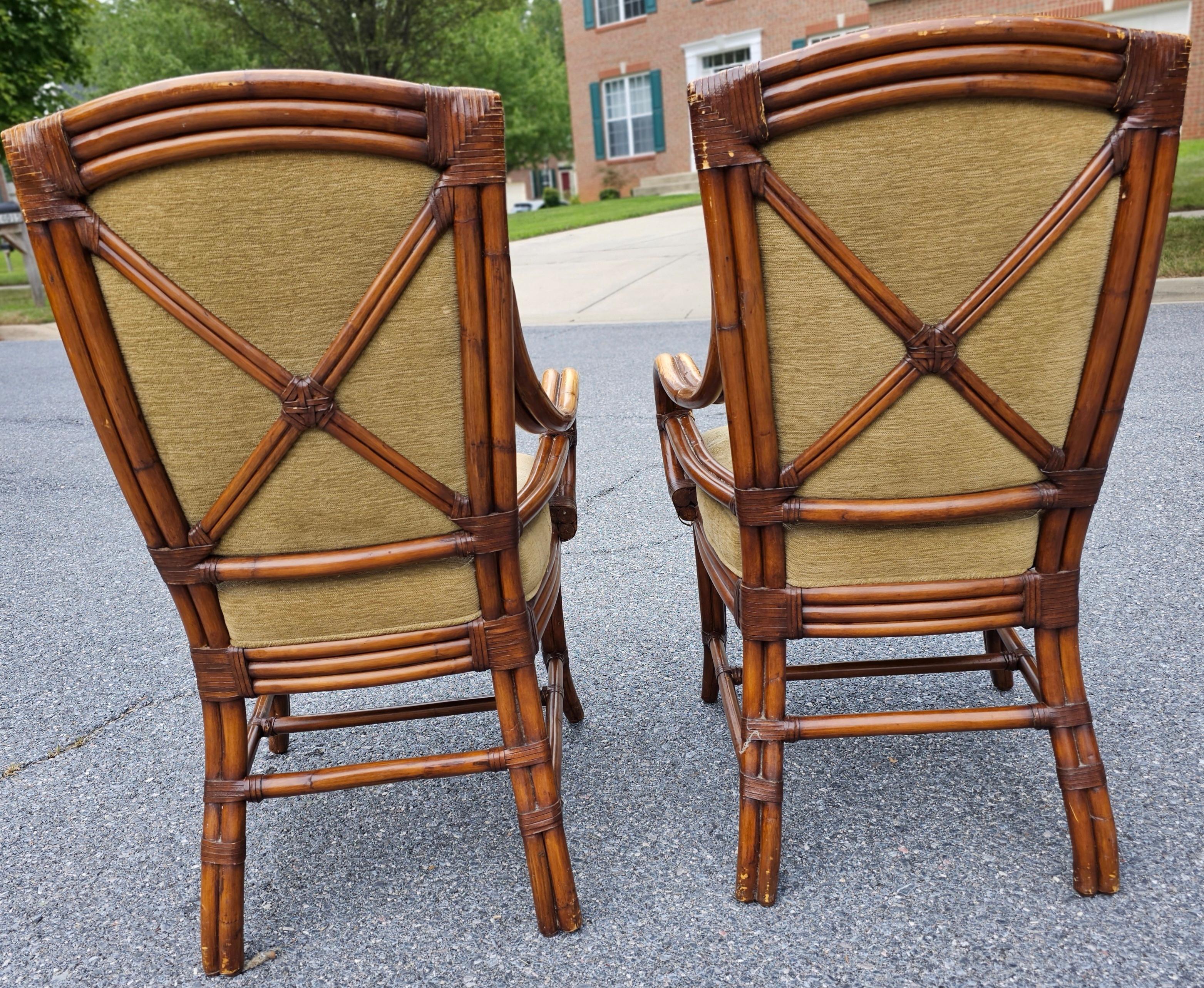 20th Century Palecek Set of Four Mid-Century  Rattan, Leather and Upholstered Dining Chairs For Sale