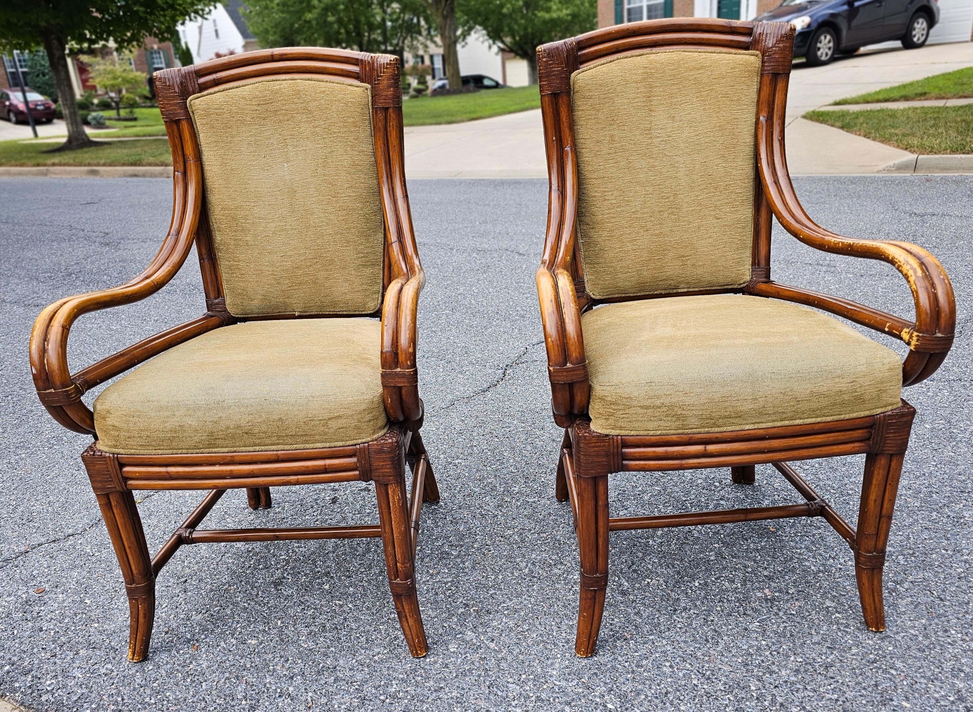 Palecek Set of Four Mid-Century  Rattan, Leather and Upholstered Dining Chairs For Sale 1