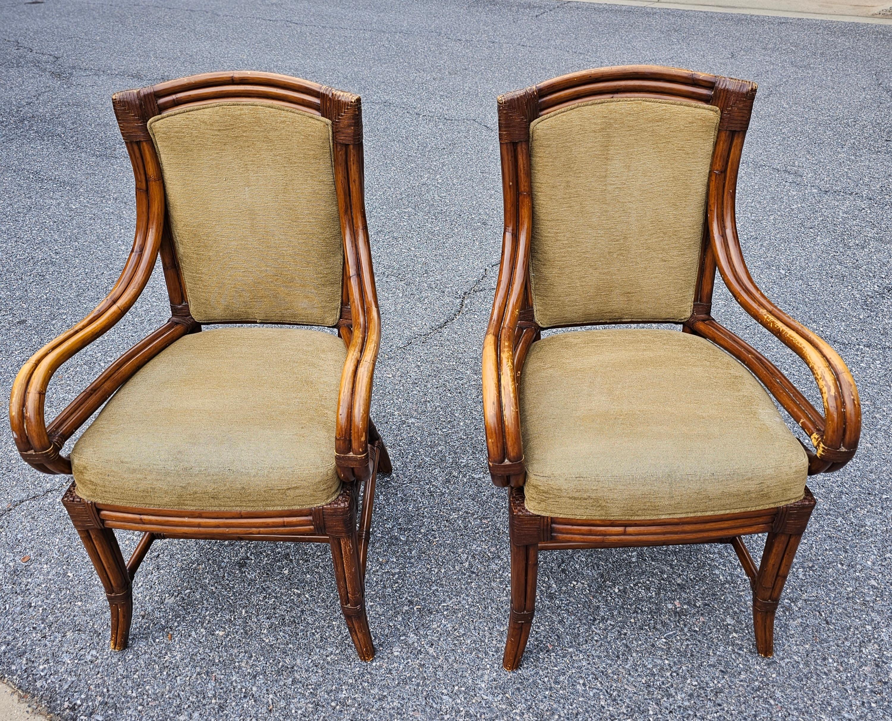 Palecek Set of Four Mid-Century  Rattan, Leather and Upholstered Dining Chairs For Sale 2