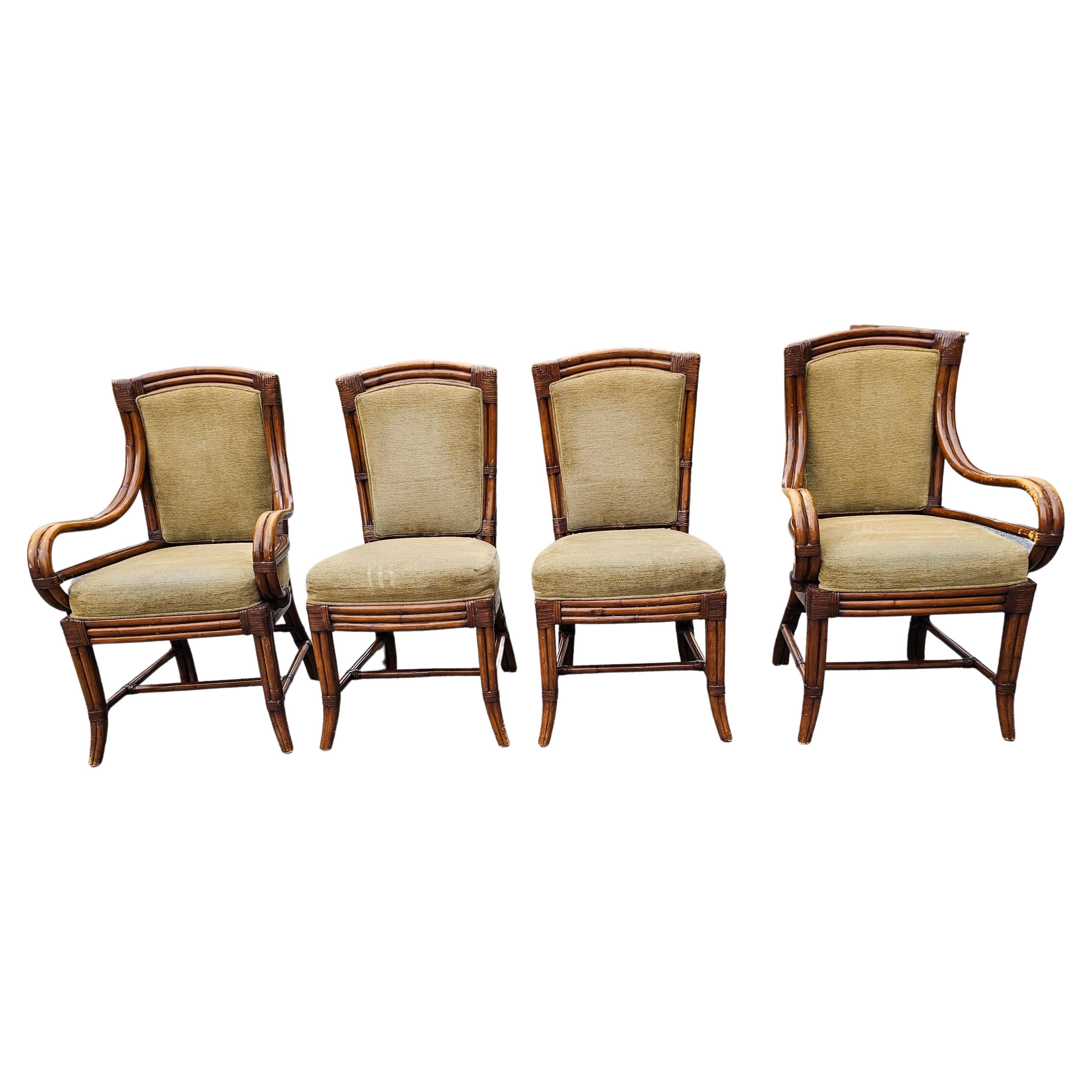 Palecek Set of Four Mid-Century  Rattan, Leather and Upholstered Dining Chairs