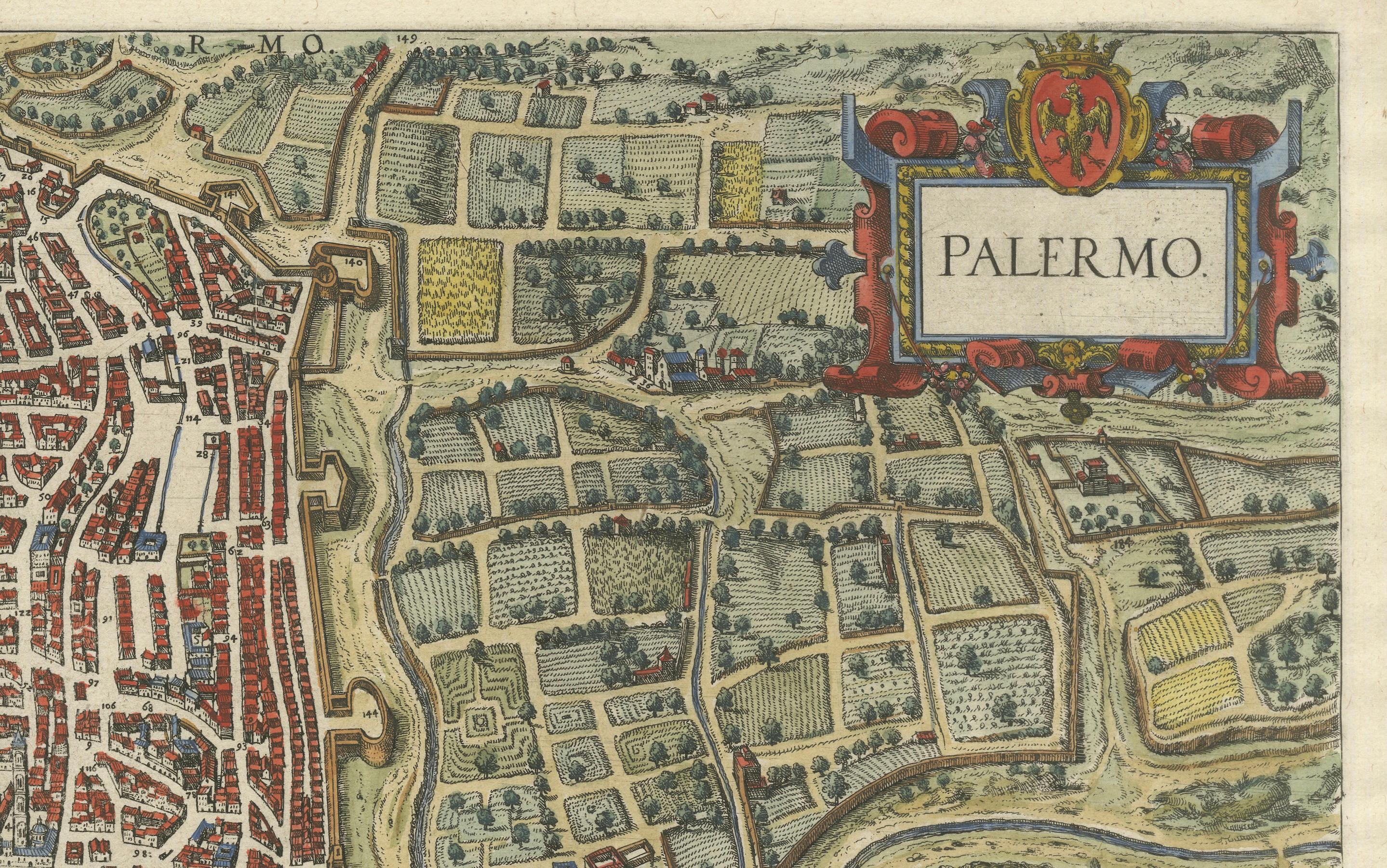 Paper Palermo – 1620 Braun & Hogenberg Bird’s-Eye Map of Palermo, Sicily For Sale