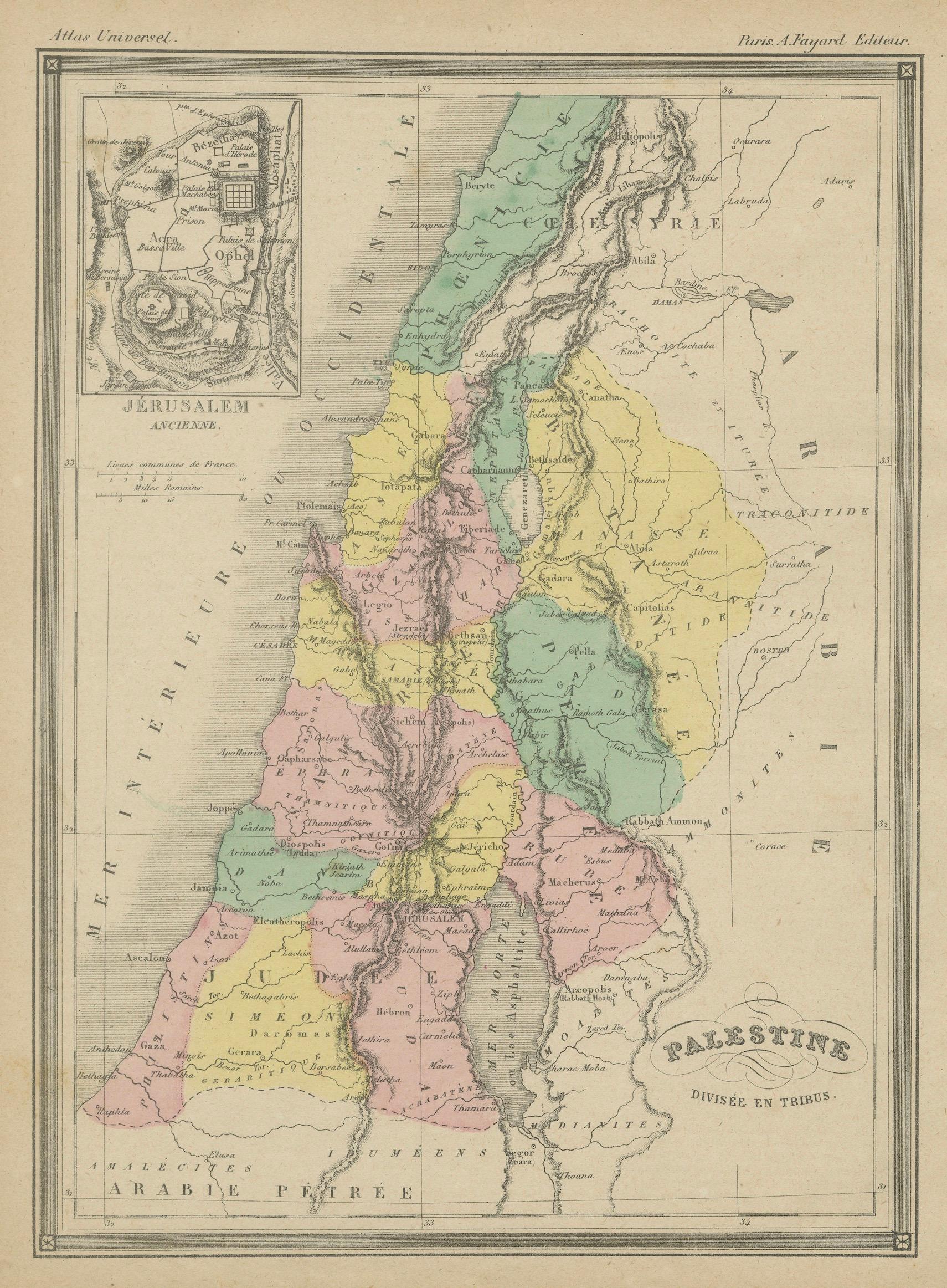 Palestine Divided into Tribes Map with Ancient Jerusalem, Paris, c.1850