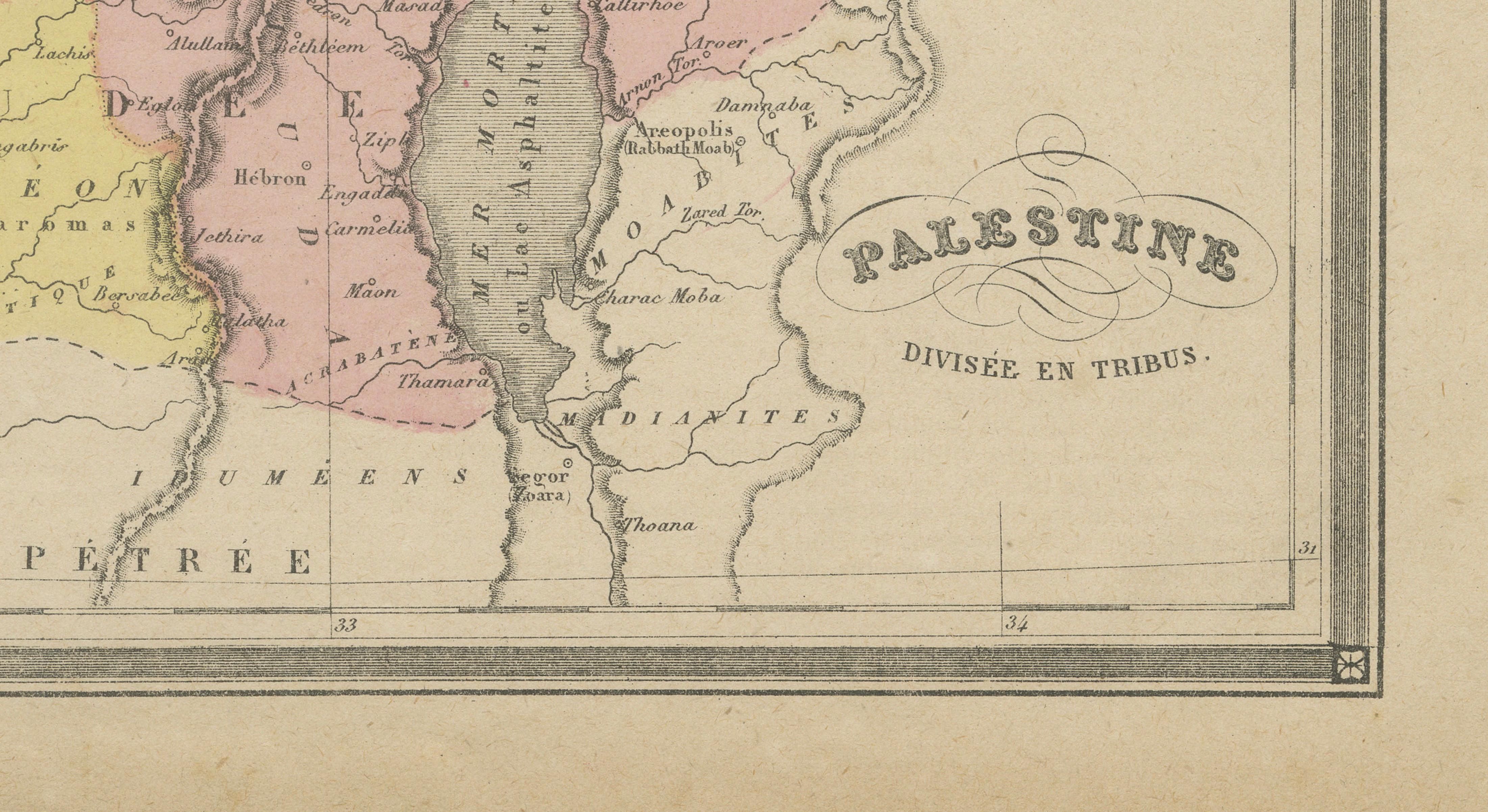Palestine Divided into Tribes Map with Ancient Jerusalem, Paris, c.1850