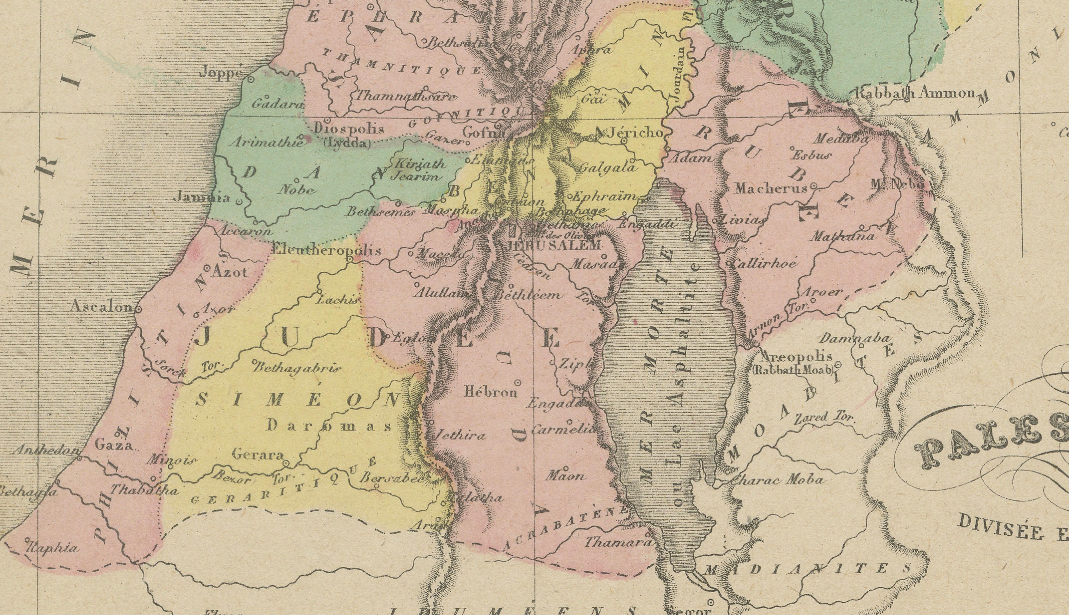 Palestine Divided into Tribes Map with Ancient Jerusalem, Paris, c.1850