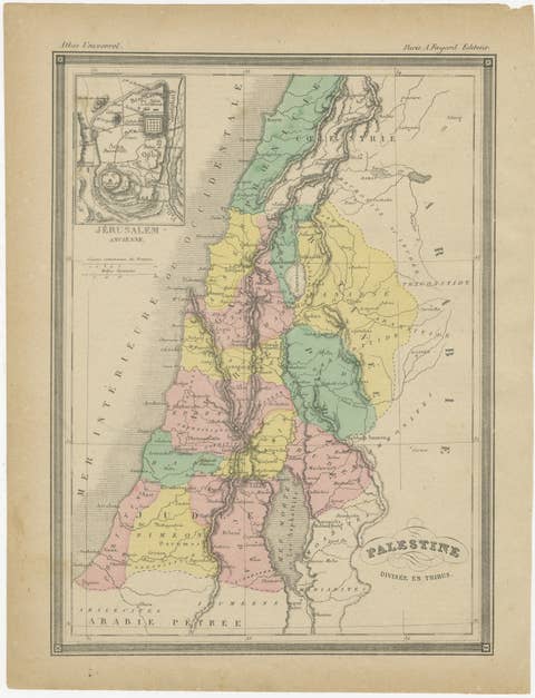 Palestine Divided into Tribes Map with Ancient Jerusalem, Paris, c.1850