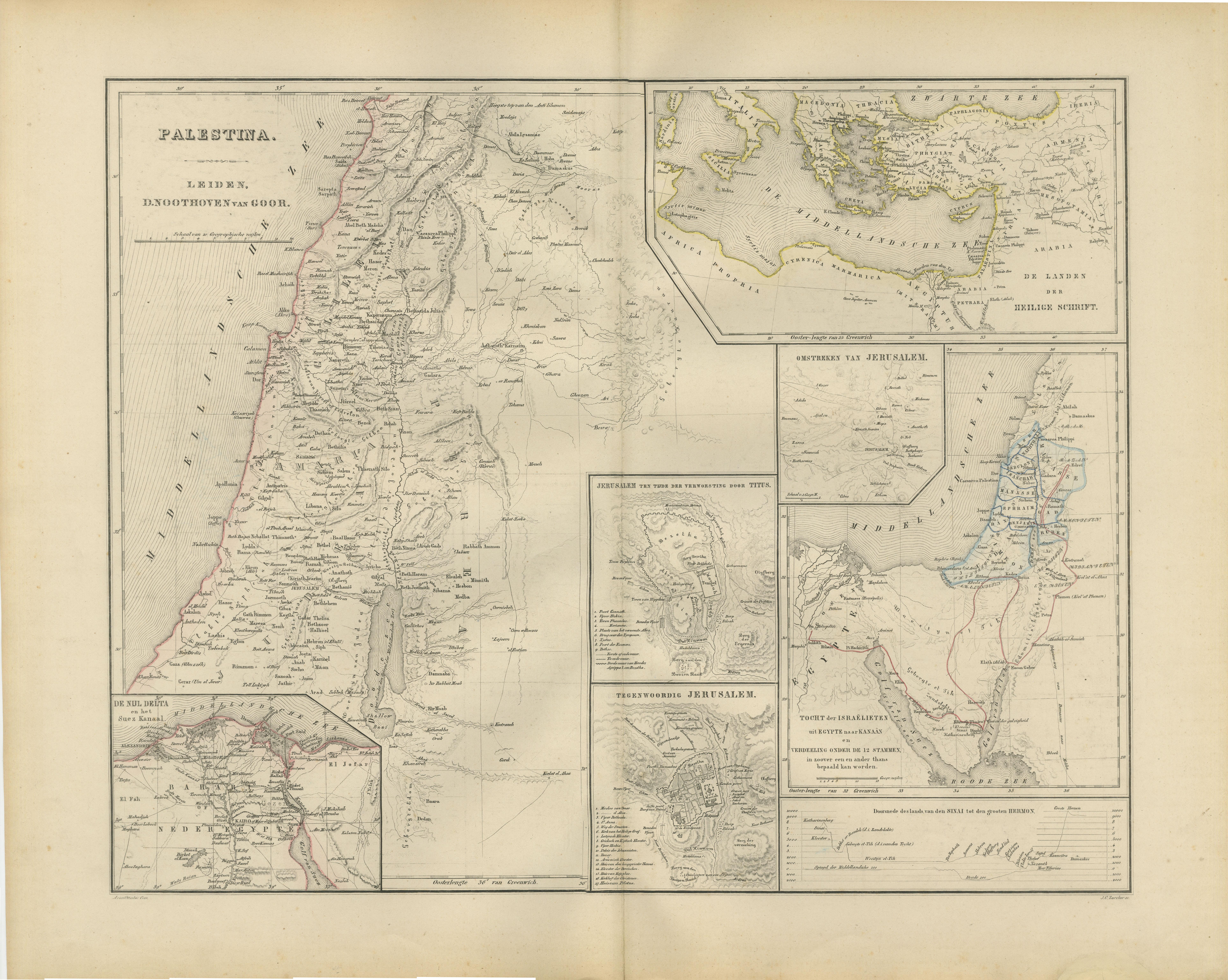 Mappa della Palestina e della Terra Santa con inserti di Gerusalemme - Nieuwe Hand-Atlas, 1876

Questa dettagliata mappa del XIX secolo intitolata 