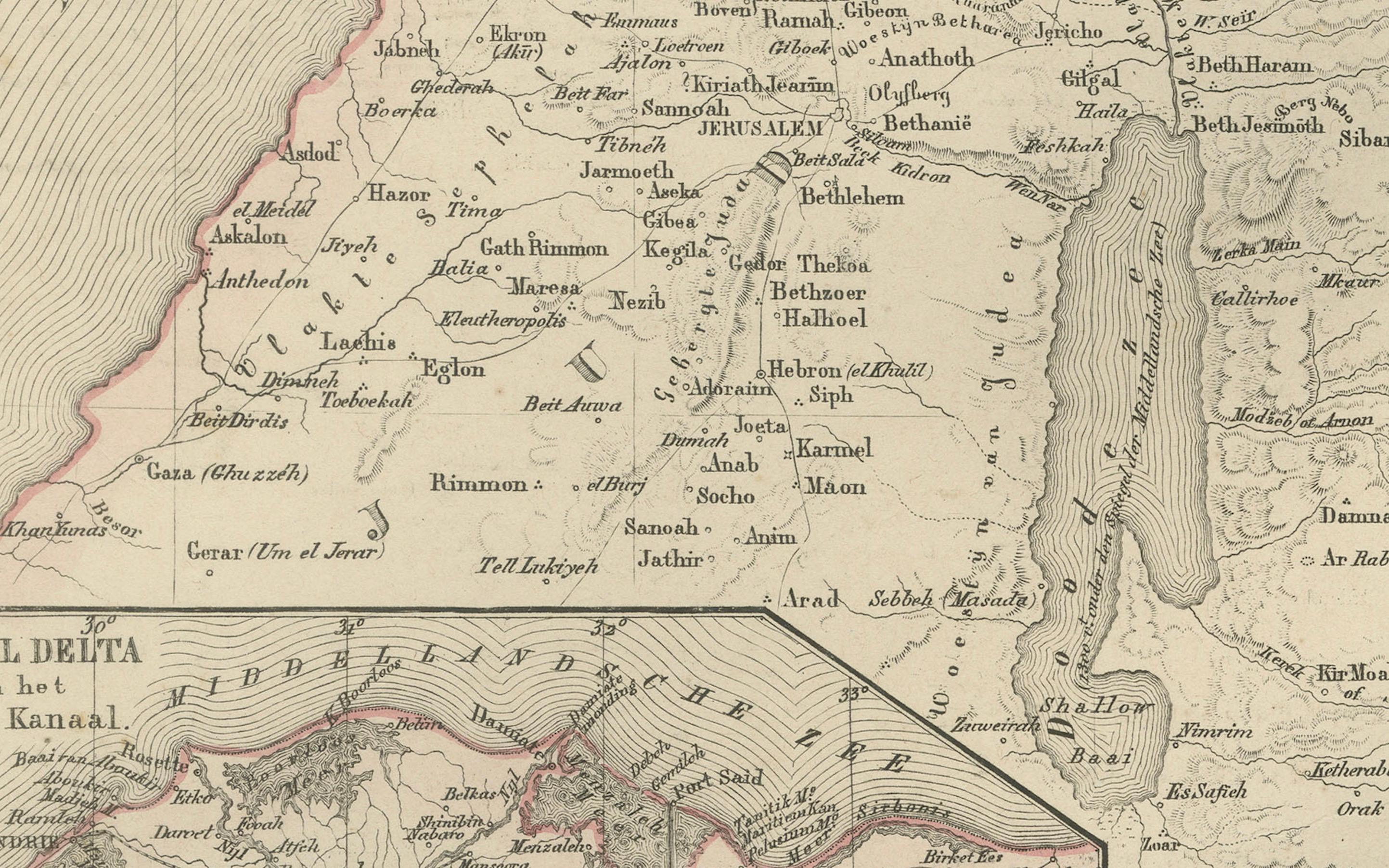 Mappa della Palestina e della Terra Santa con inserti di Gerusalemme - Nieuwe Hand-Atlas, 1876 In condizioni buone in vendita a Langweer, NL