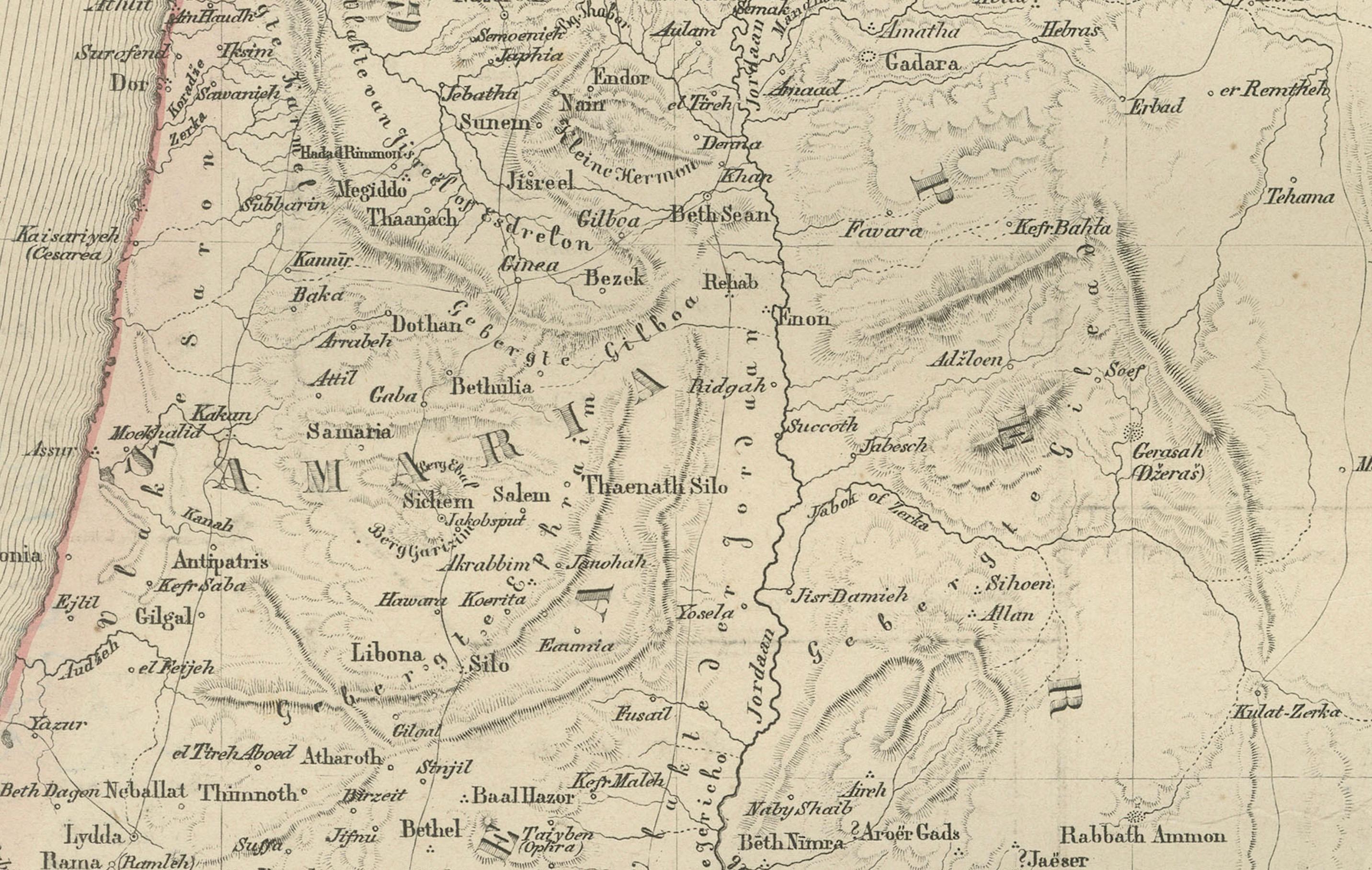 Fine XIX secolo Mappa della Palestina e della Terra Santa con inserti di Gerusalemme - Nieuwe Hand-Atlas, 1876 in vendita
