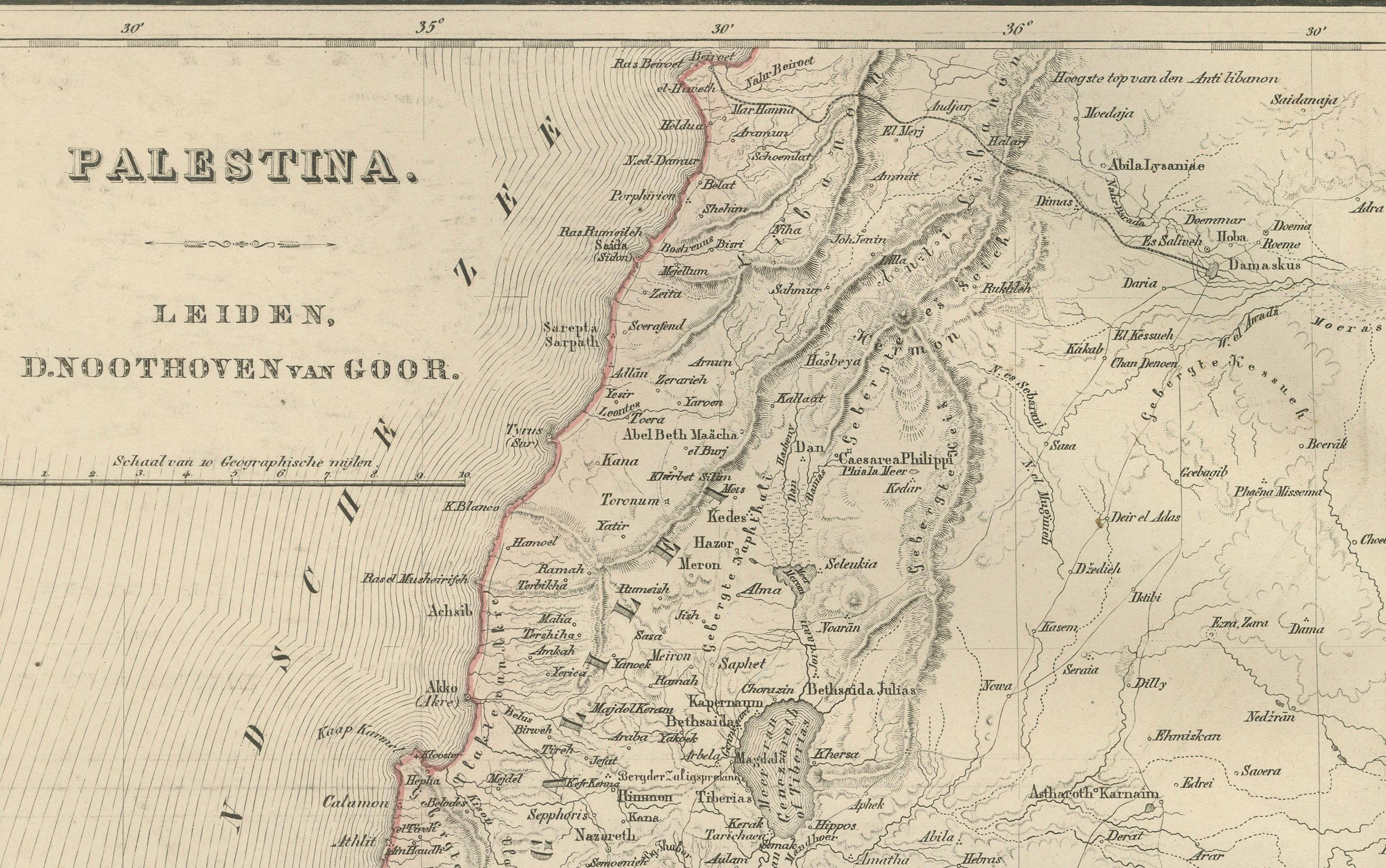 Carta Mappa della Palestina e della Terra Santa con inserti di Gerusalemme - Nieuwe Hand-Atlas, 1876 in vendita
