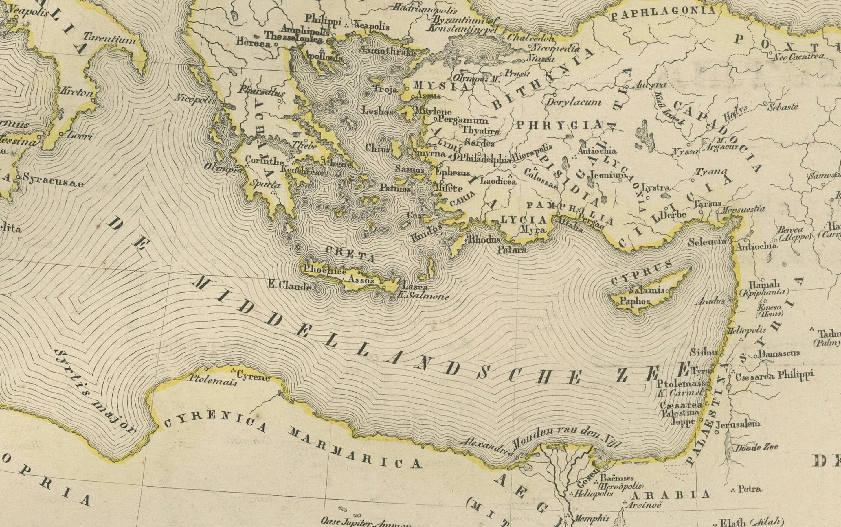 Mappa della Palestina e della Terra Santa con inserti di Gerusalemme - Nieuwe Hand-Atlas, 1876 in vendita 1