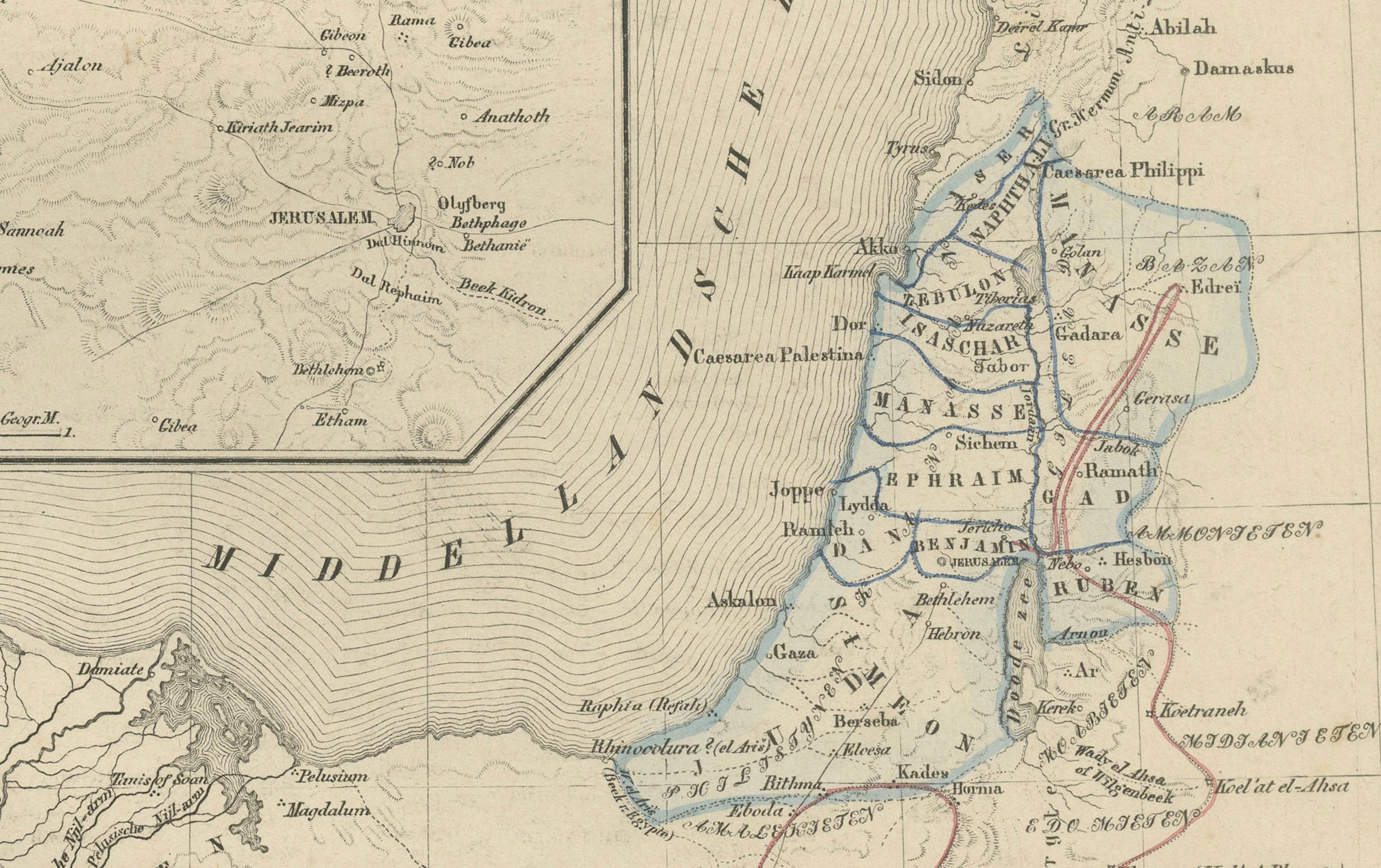 Mappa della Palestina e della Terra Santa con inserti di Gerusalemme - Nieuwe Hand-Atlas, 1876 in vendita 2