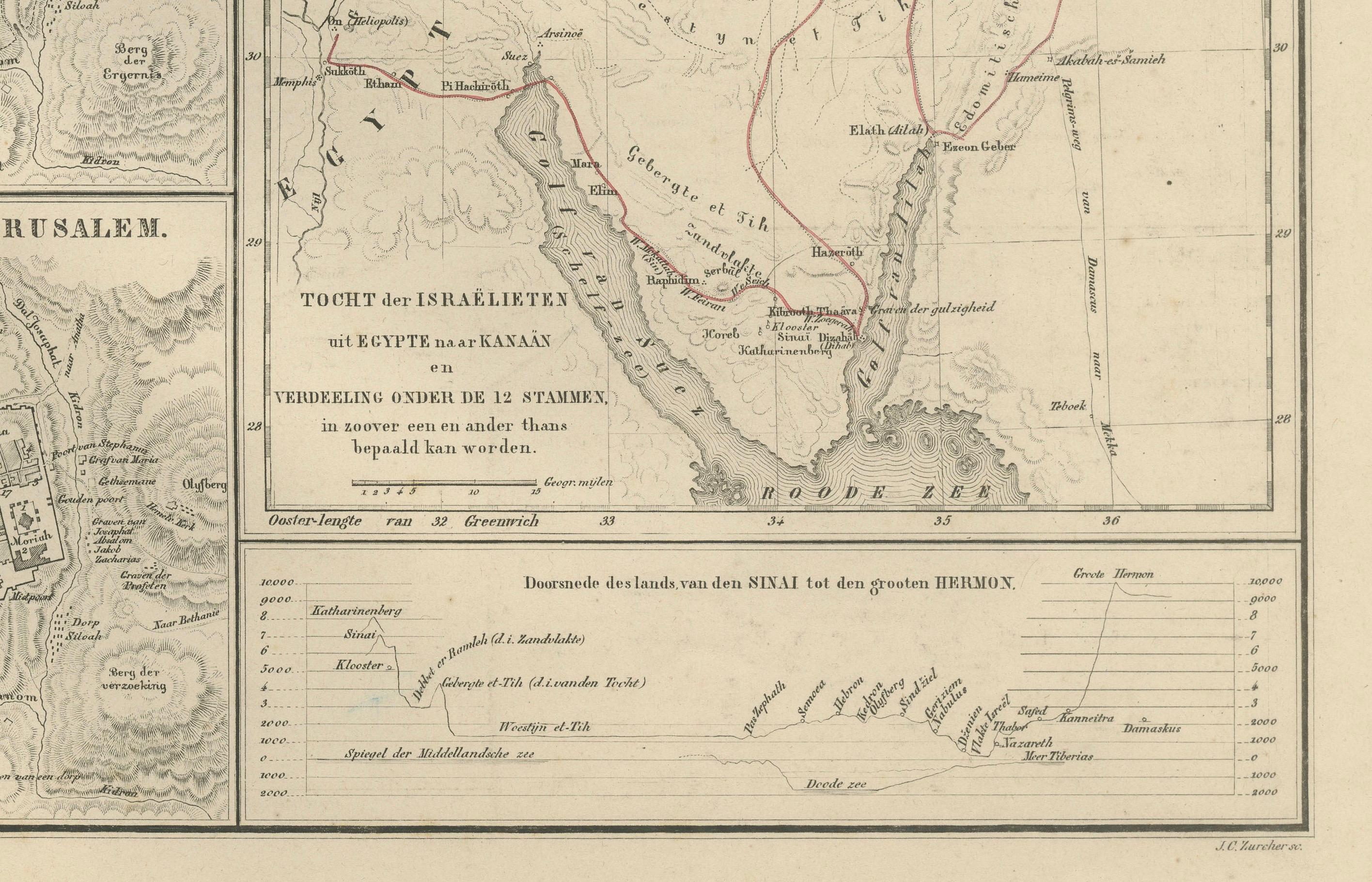 Mappa della Palestina e della Terra Santa con inserti di Gerusalemme - Nieuwe Hand-Atlas, 1876 in vendita 3
