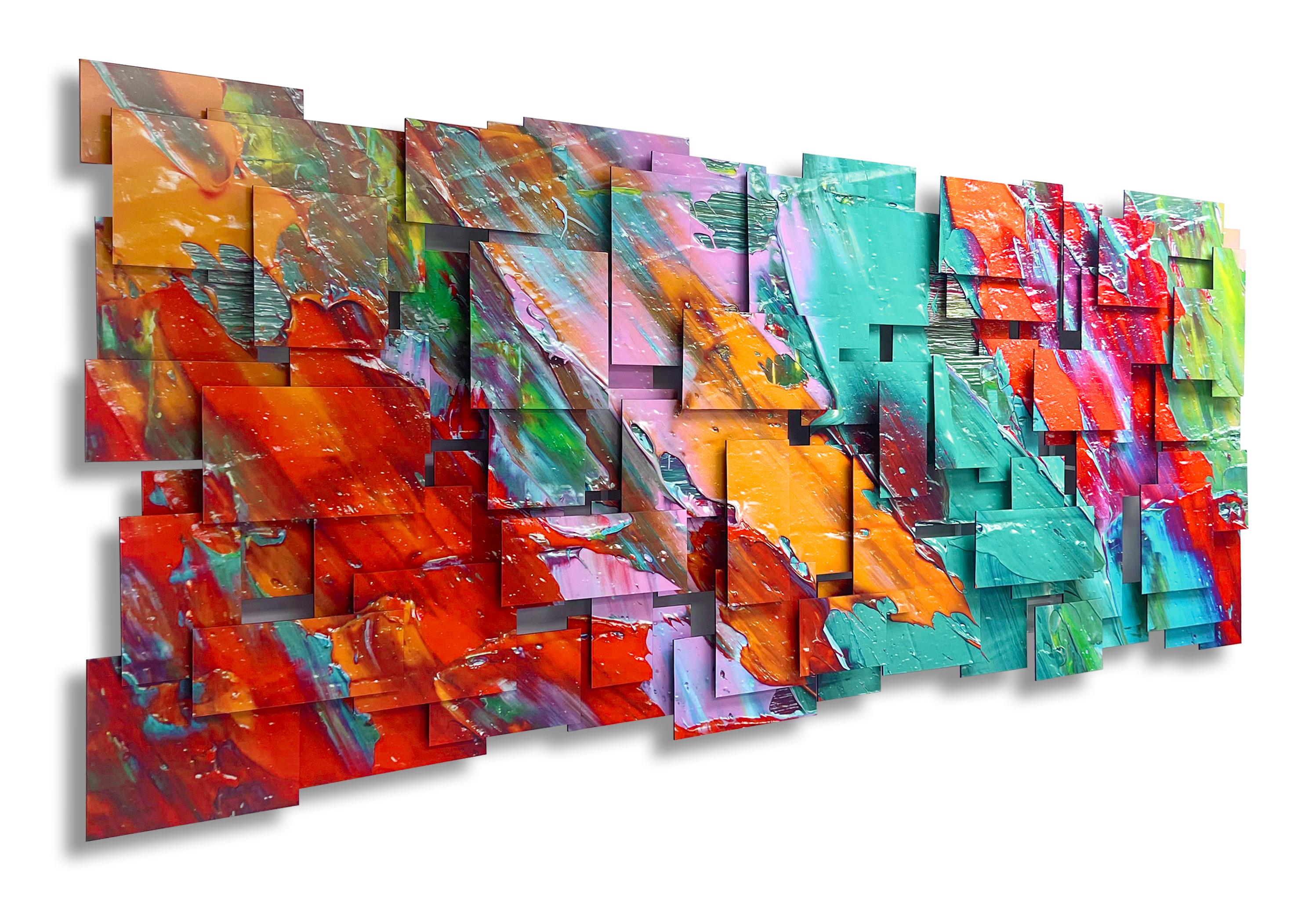 Through a deconstructive process, a photograph is broken down into individual aluminum composite tiles which are hand cut and placed over a welded metal frame on different elevations to create a 3D dynamic and harmonious composition. Each piece is