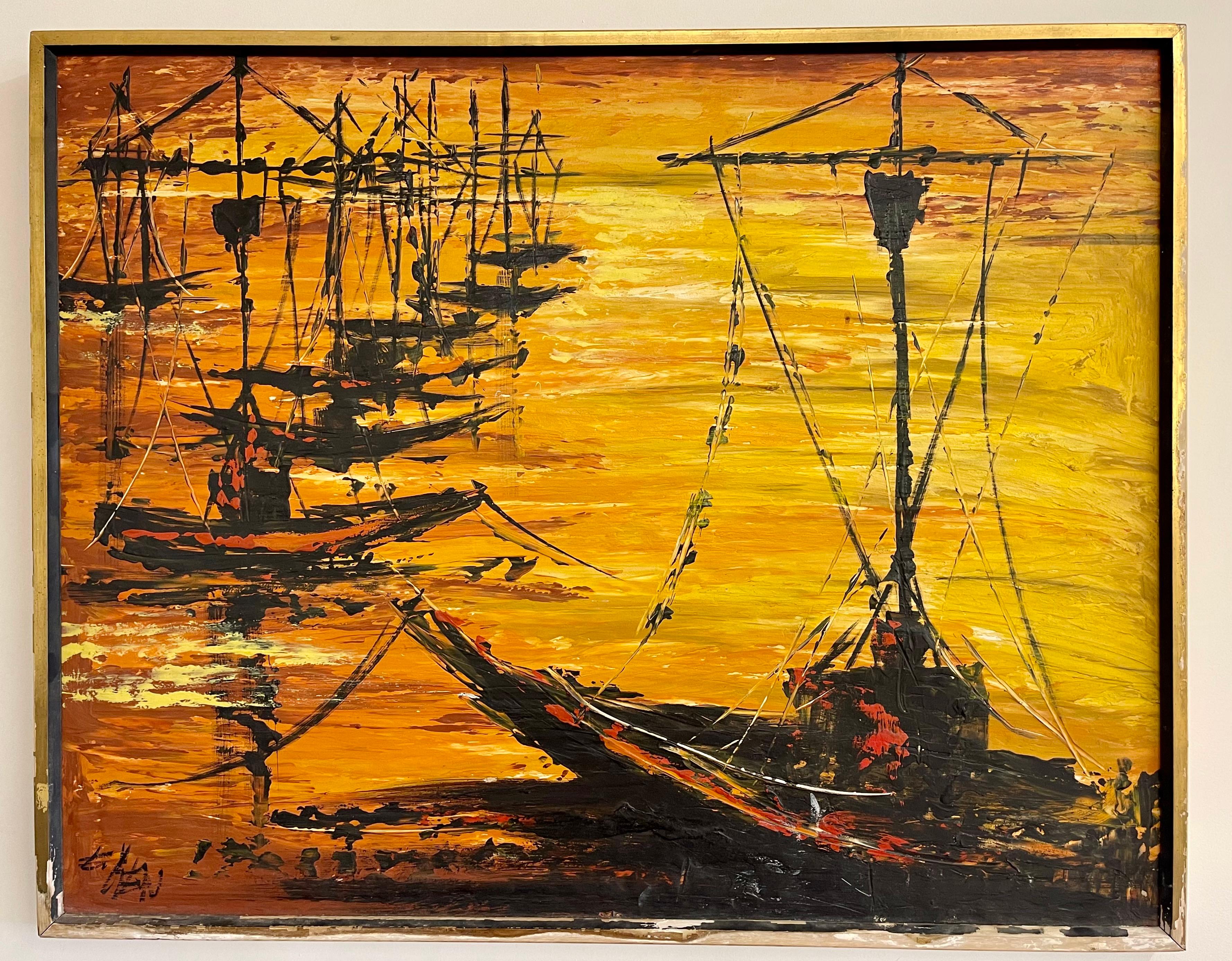 Palette Knife oil painting of fishing boats. A finely detailed oil painting, signed lower left corner in a gilt and ebony frame. Circa 1940s.