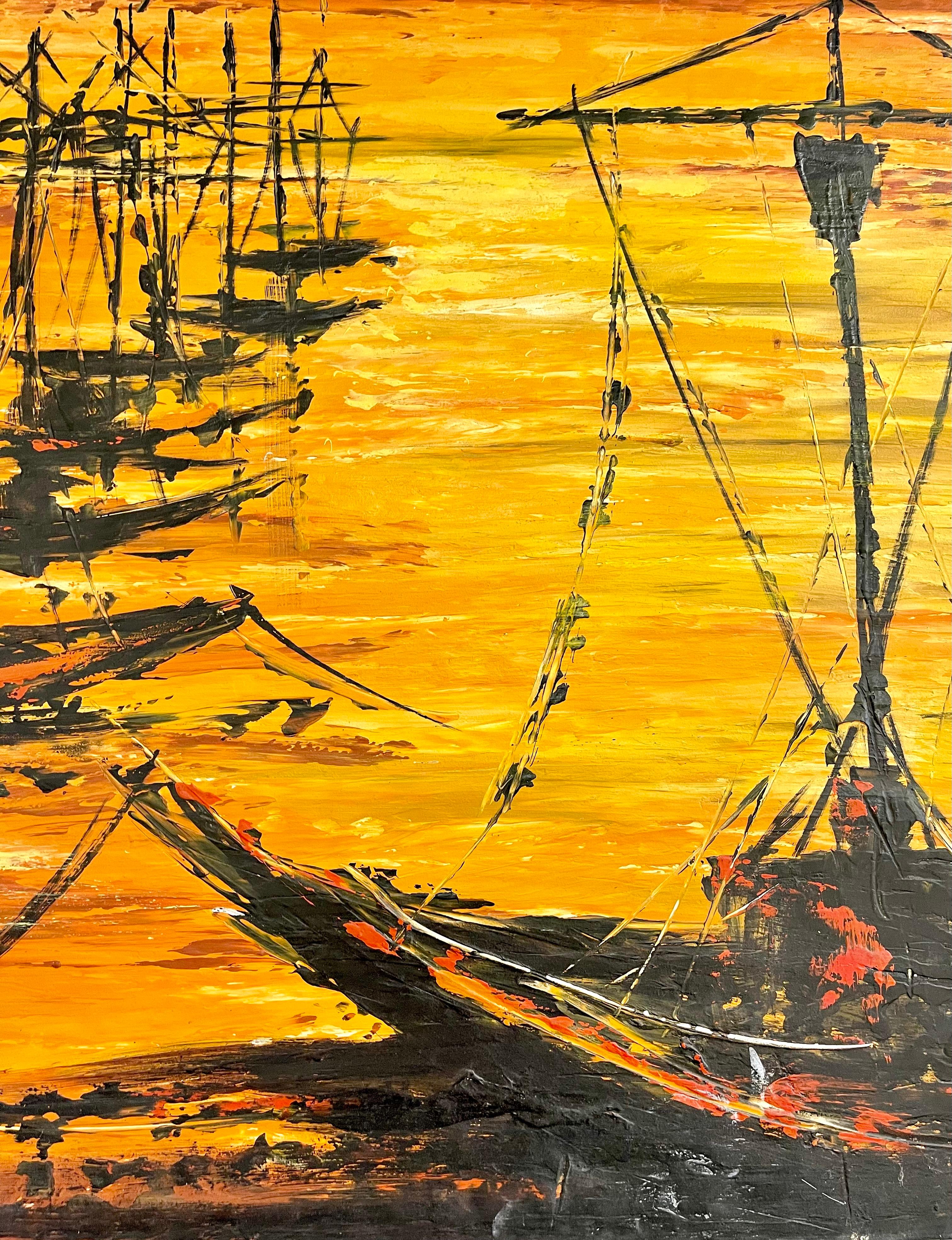 Mid-Century Modern Palette Knife Oil Painting of Fishing Boats For Sale