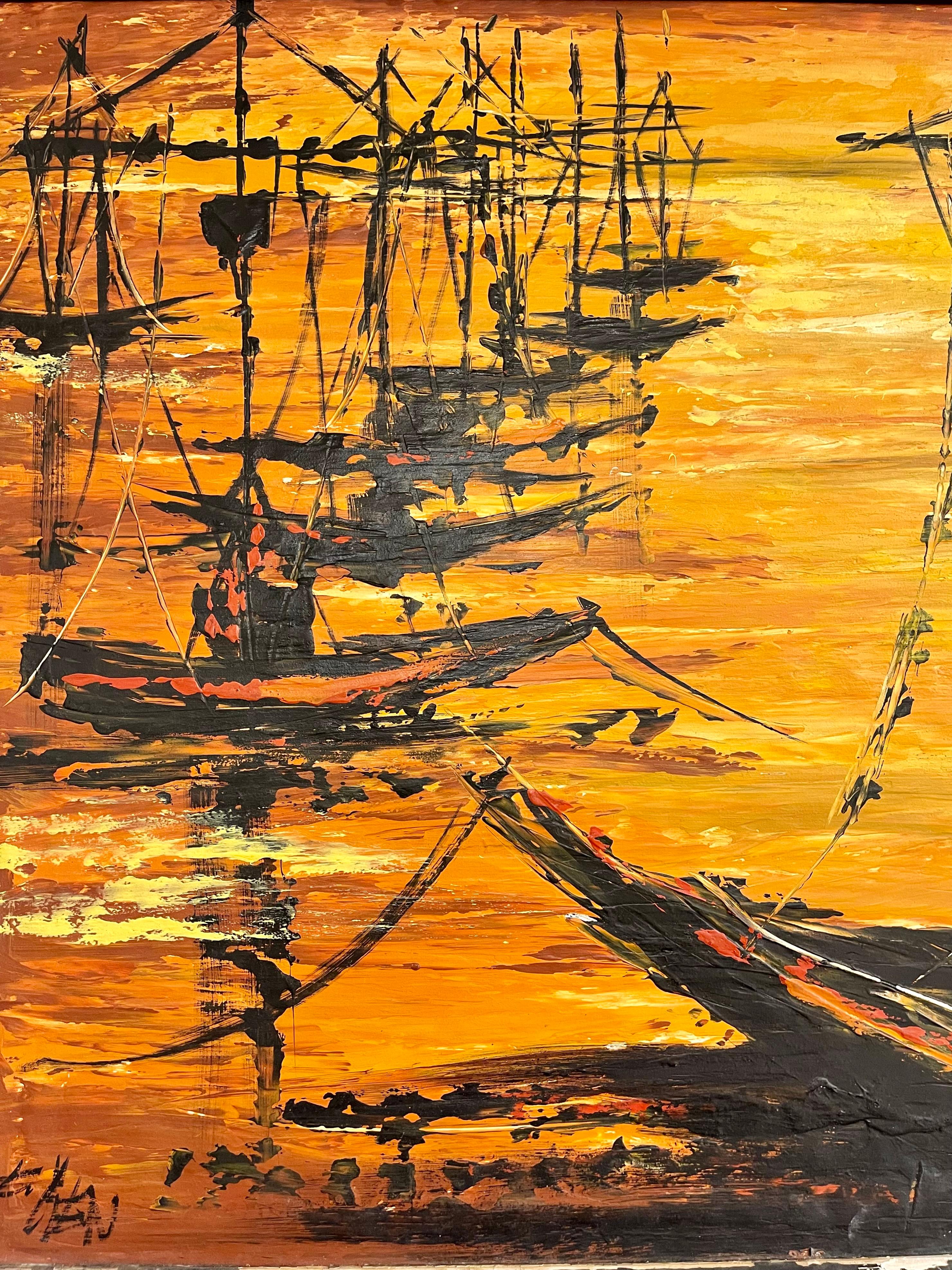 Painted Palette Knife Oil Painting of Fishing Boats For Sale