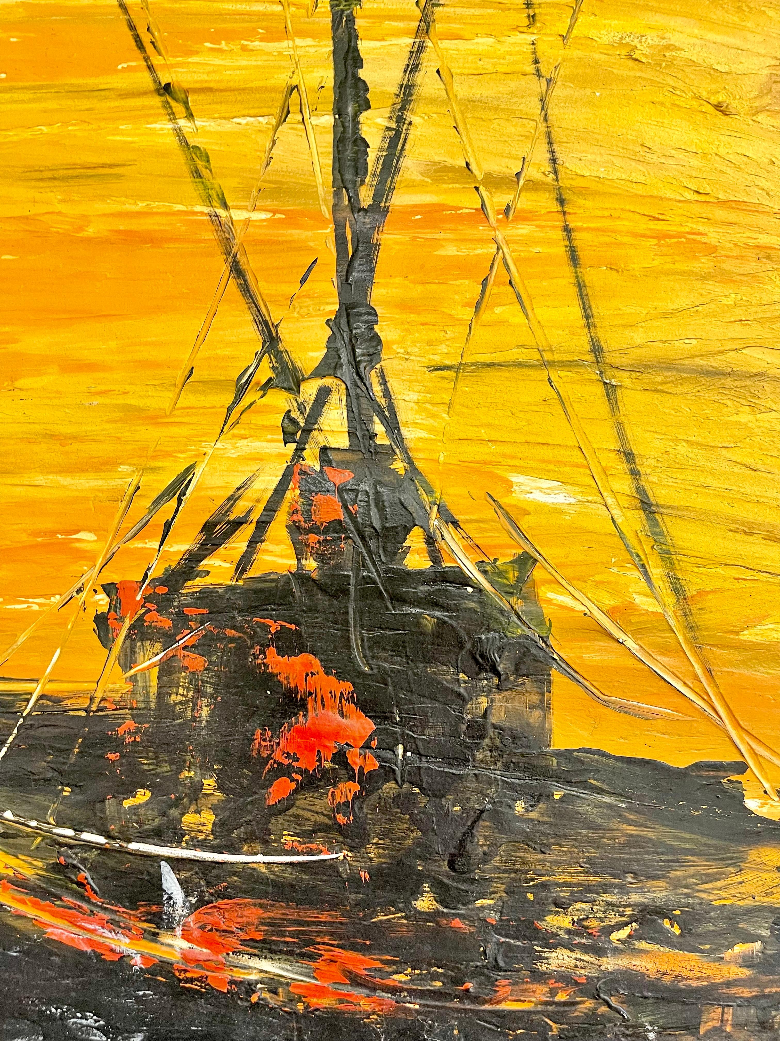 Toile Couteau à palette - Peinture à l'huile de bateaux de pêche en vente