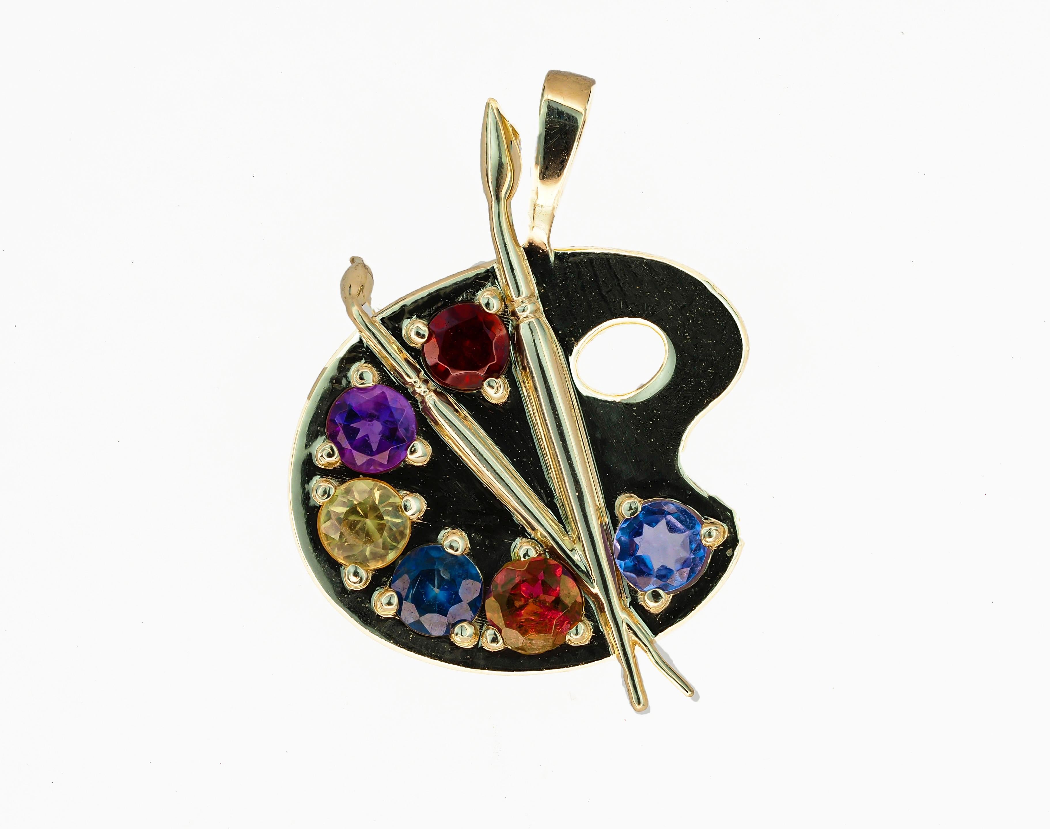Palette with Paints 14k Gold Pendant with Colored Stones For Sale 1