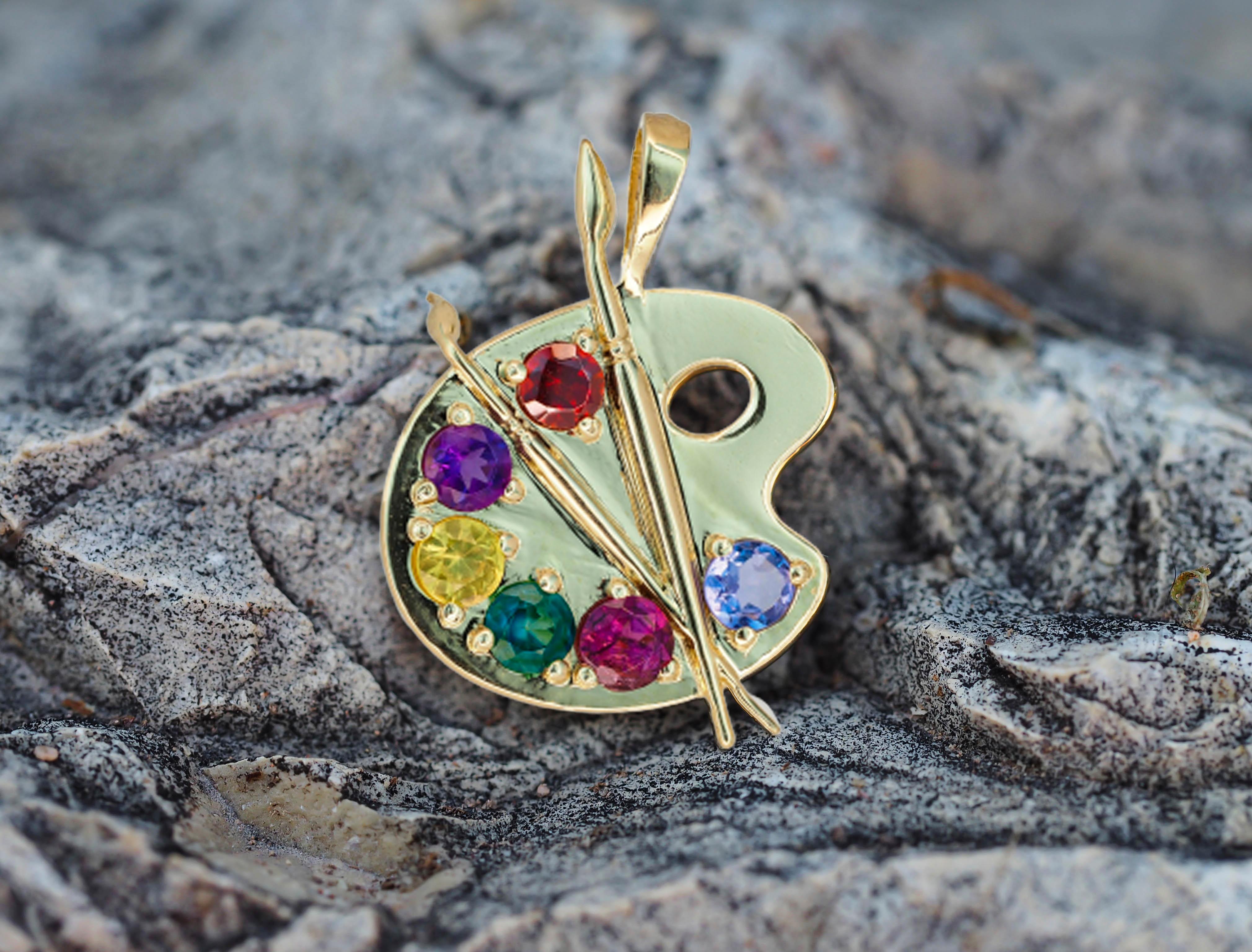 Palette with Paints 14k Gold Pendant with Colored Stones For Sale 4