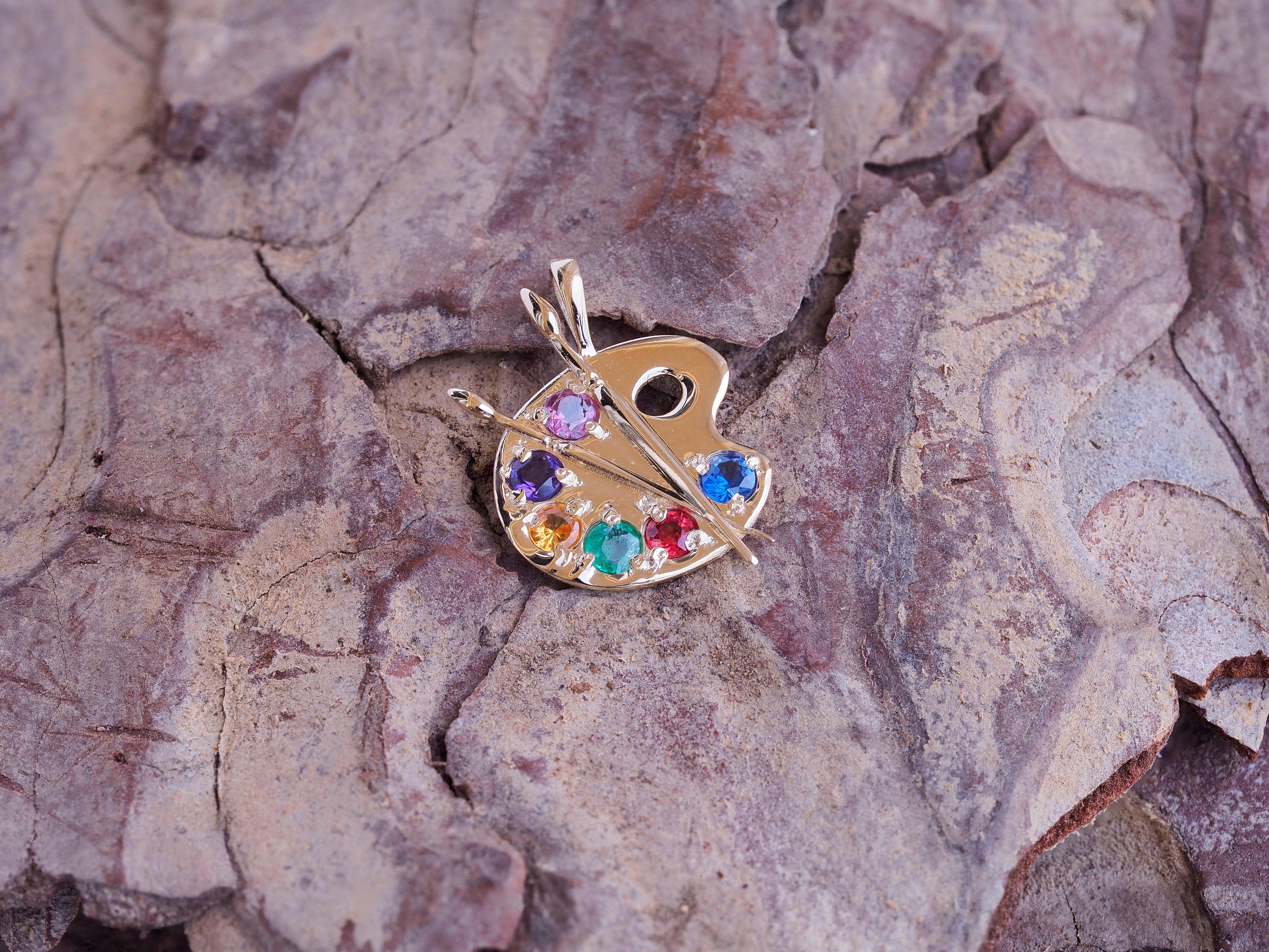 Palette with Paints 14k Gold Pendant with Colored Stones For Sale 9