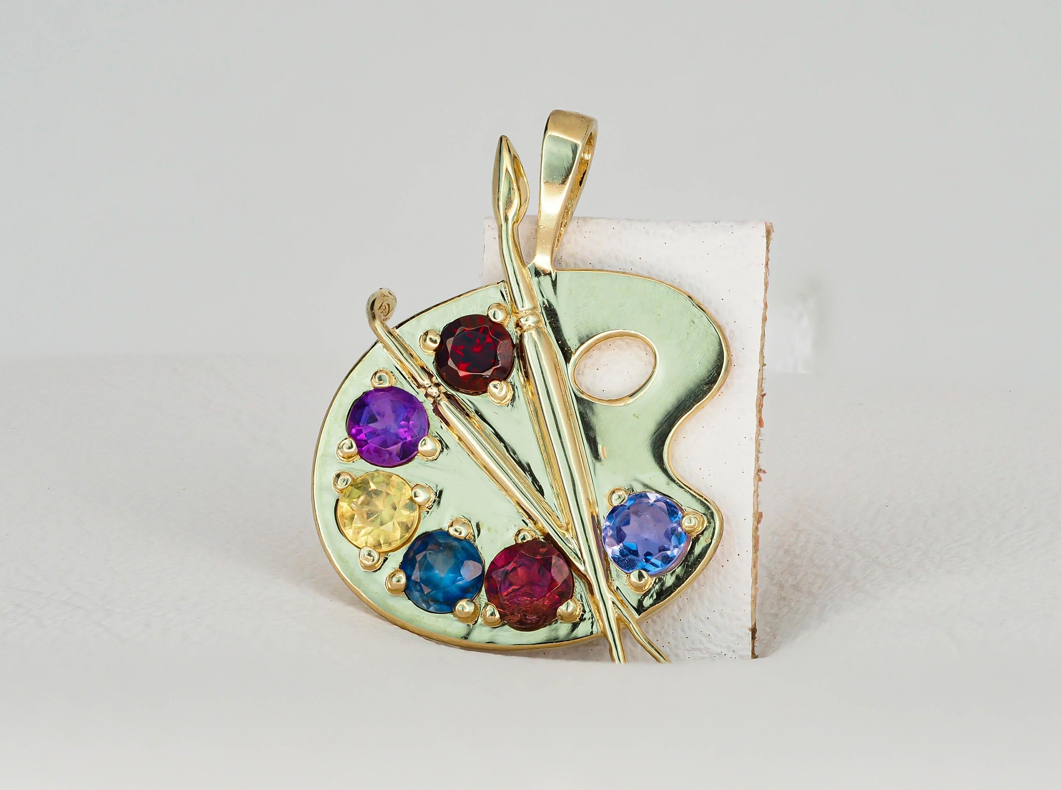 Modern Palette with Paints 14k Gold Pendant with Colored Stones For Sale