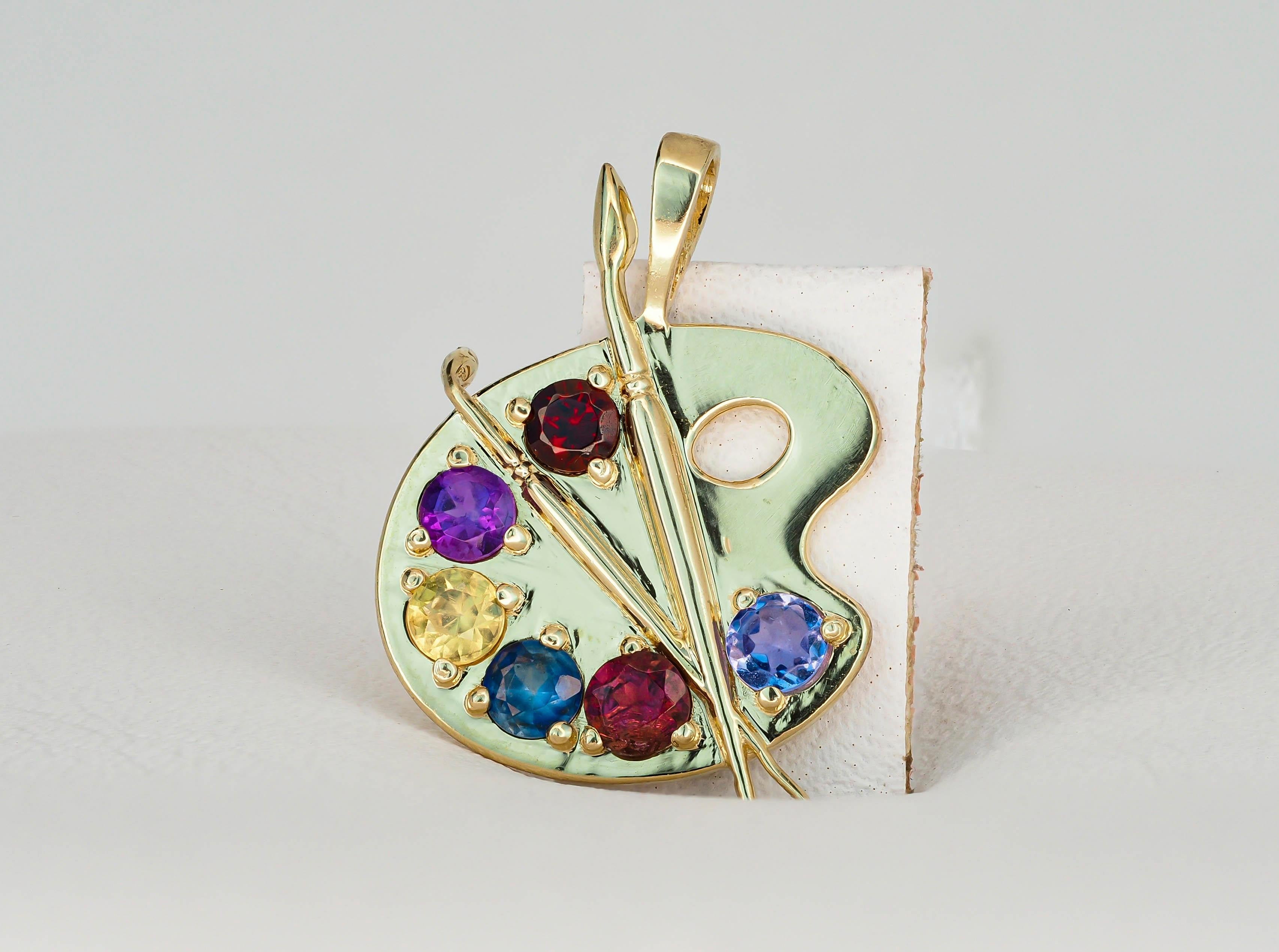 Round Cut Palette with Paints 14k Gold Pendant with Colored Stones For Sale