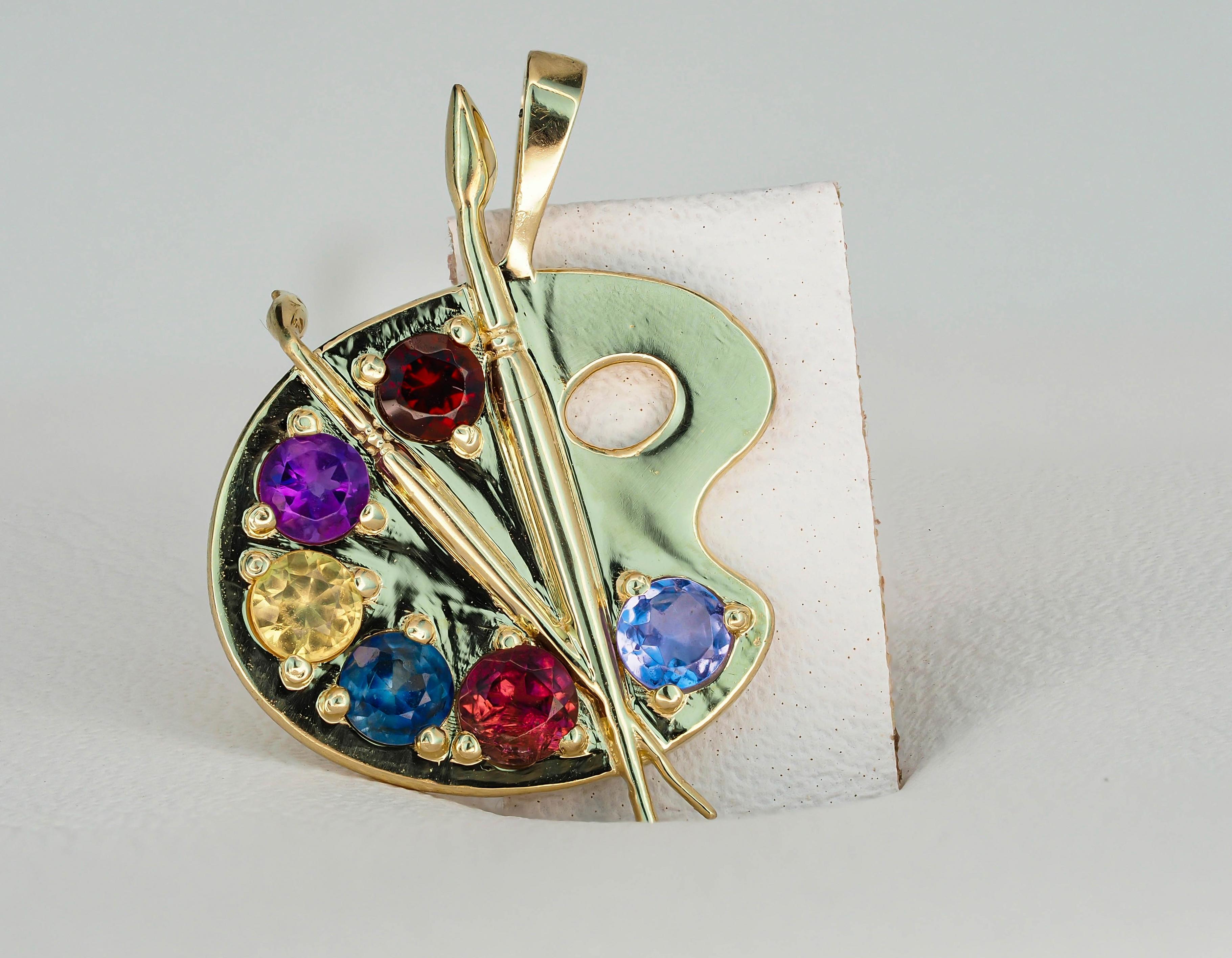Round Cut Palette with Paints 14k Gold Pendant with Colored Stones For Sale
