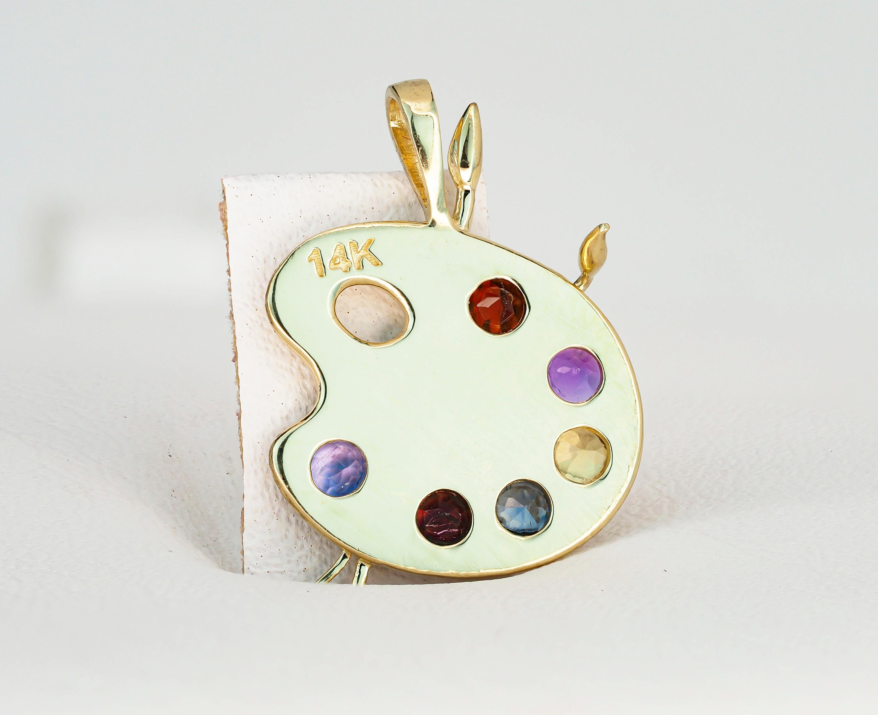 Modern Palette with Paints 14k Gold Pendant with Colored Stones For Sale