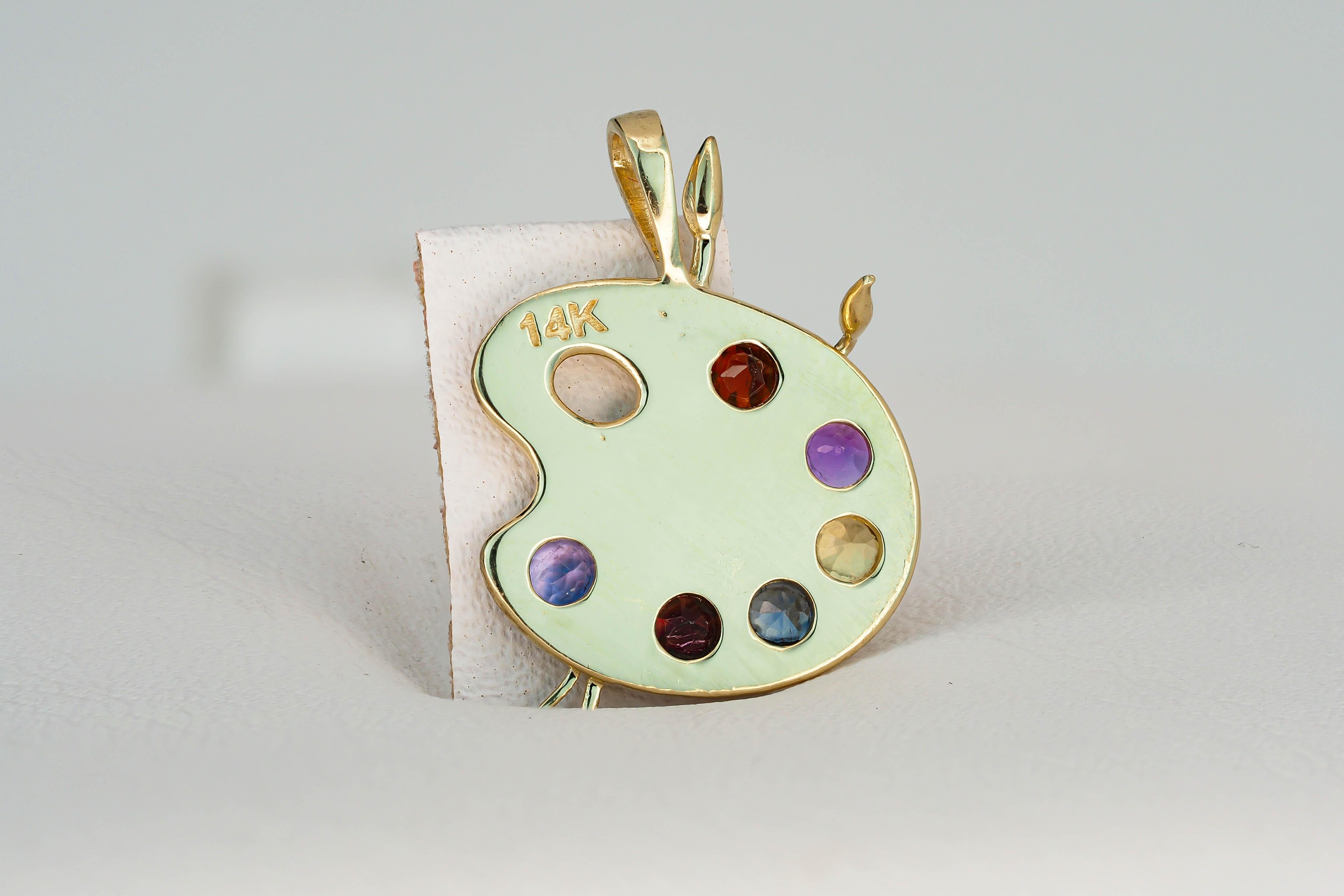 Round Cut Palette with Paints 14k Gold Pendant with Colored Stones For Sale