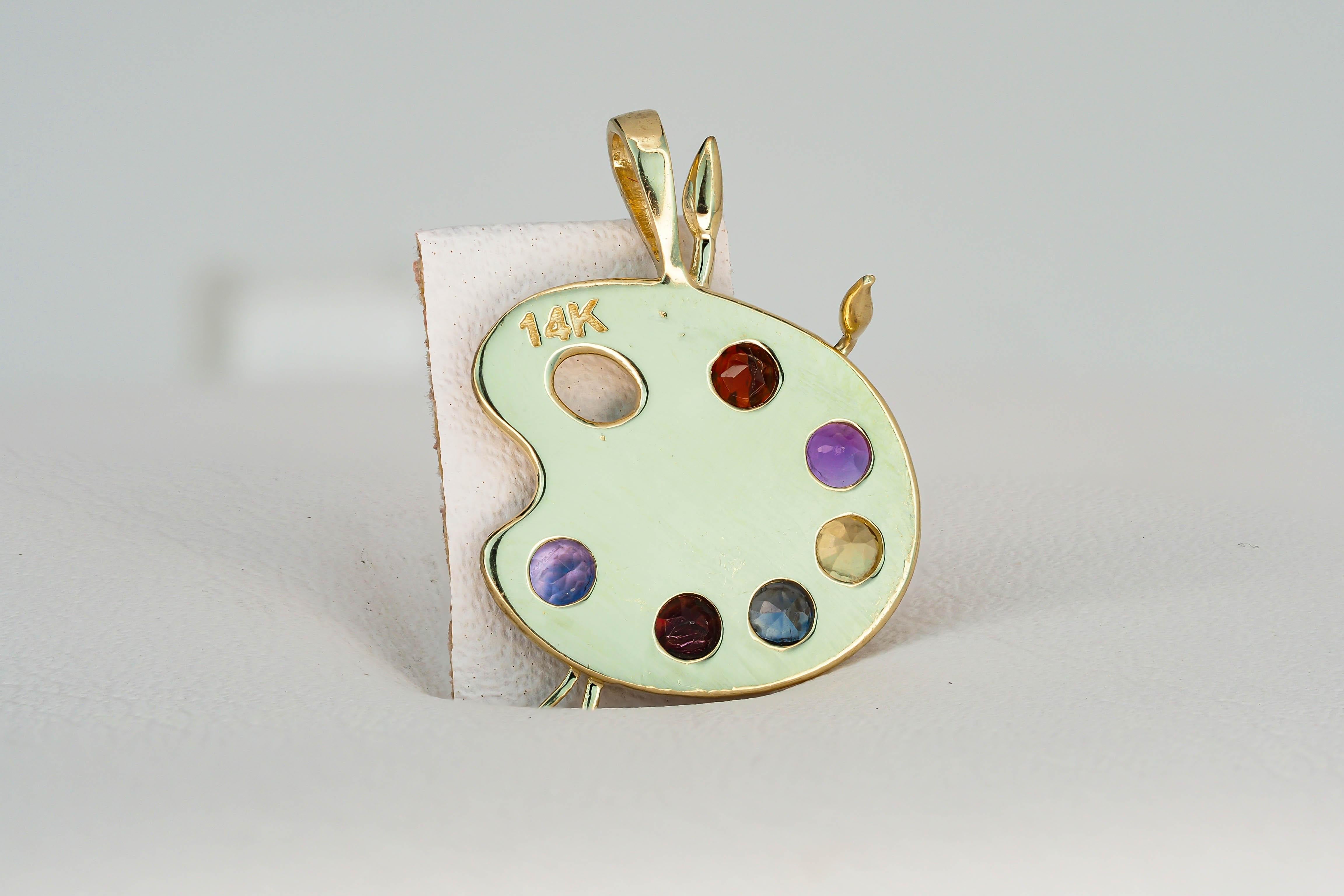 Pendentif en or 14 carats avec palette de peintures et pierres de couleur en vente 1