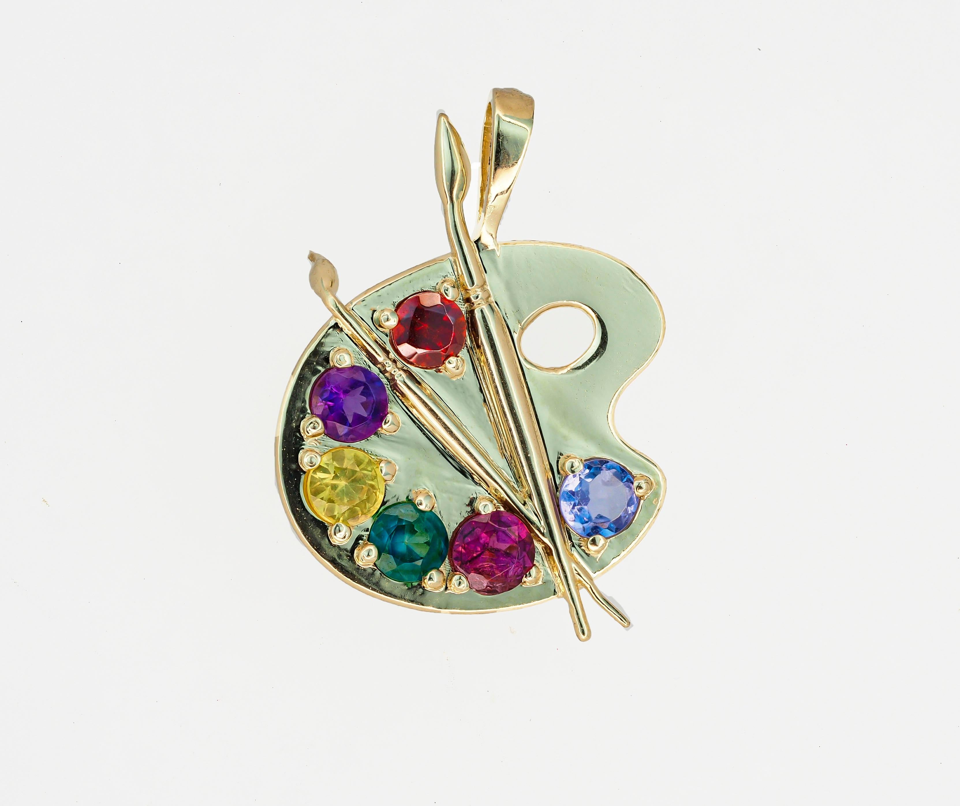 Palette with Paints 14k Gold Pendant with Colored Stones For Sale 1