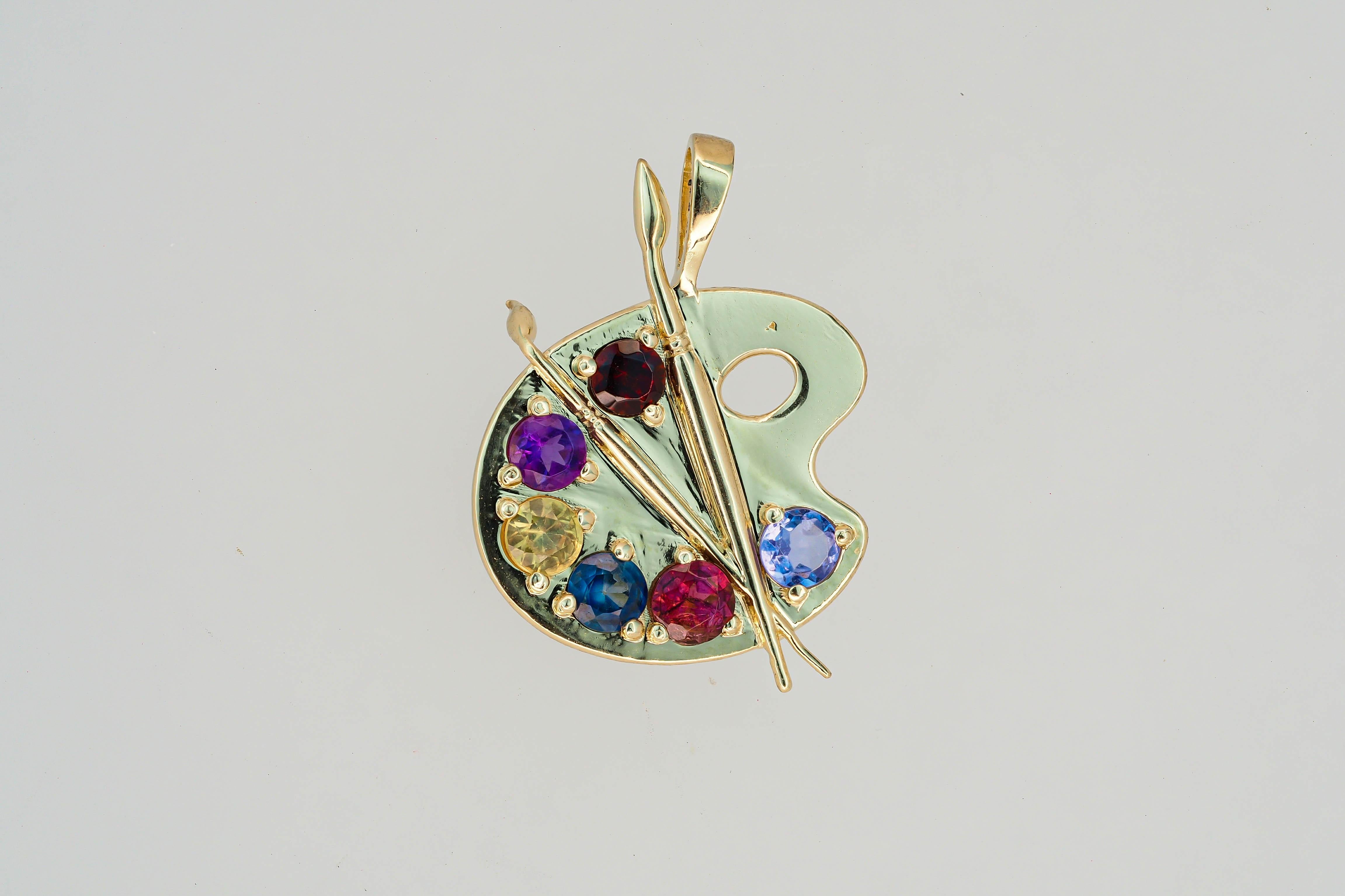 Palette with Paints 14k Gold Pendant with Colored Stones For Sale 2