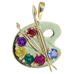 Retro Palette with Paints 14k Gold Pendant with Colored Stones