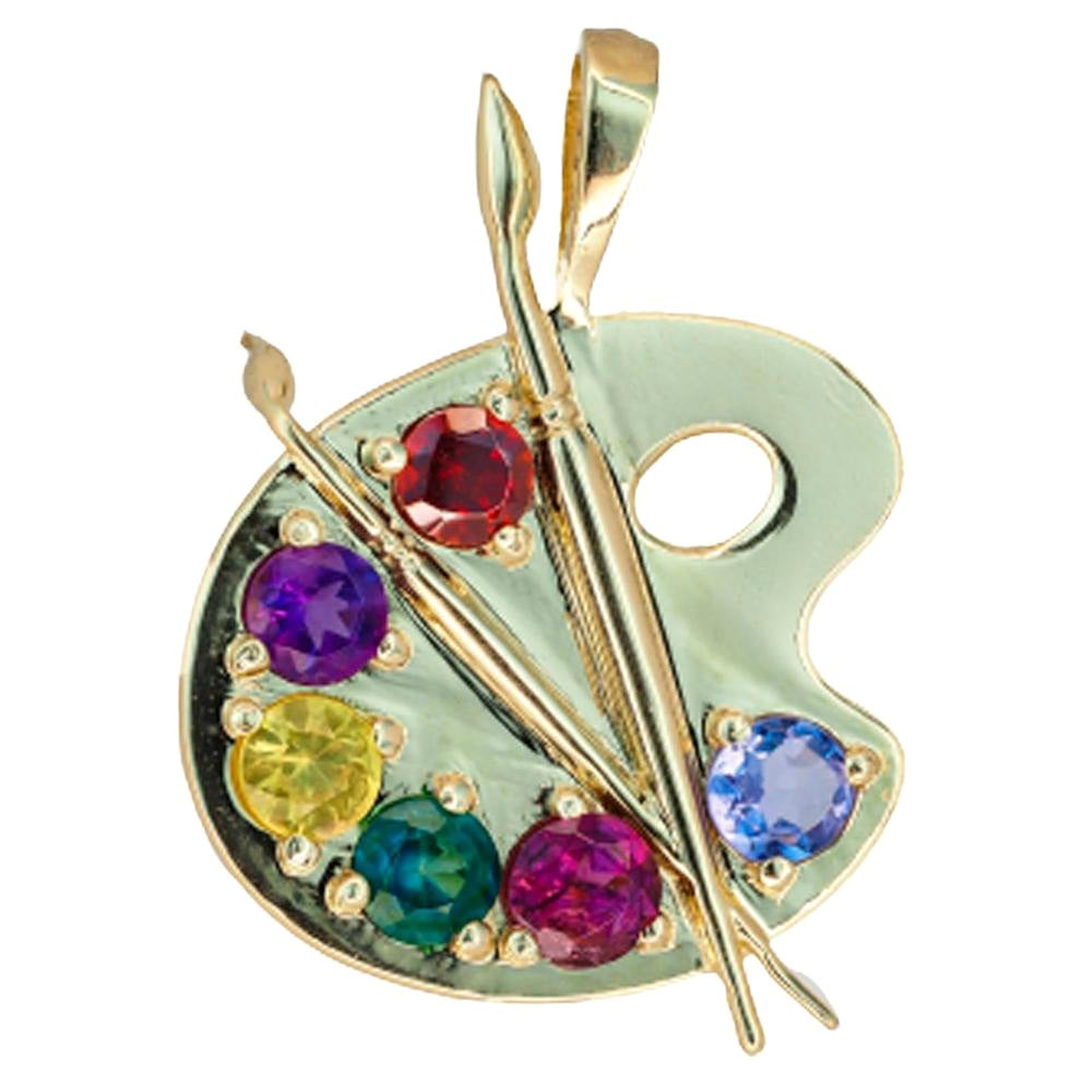 Palette with Paints 14k Gold Pendant with Colored Stones For Sale