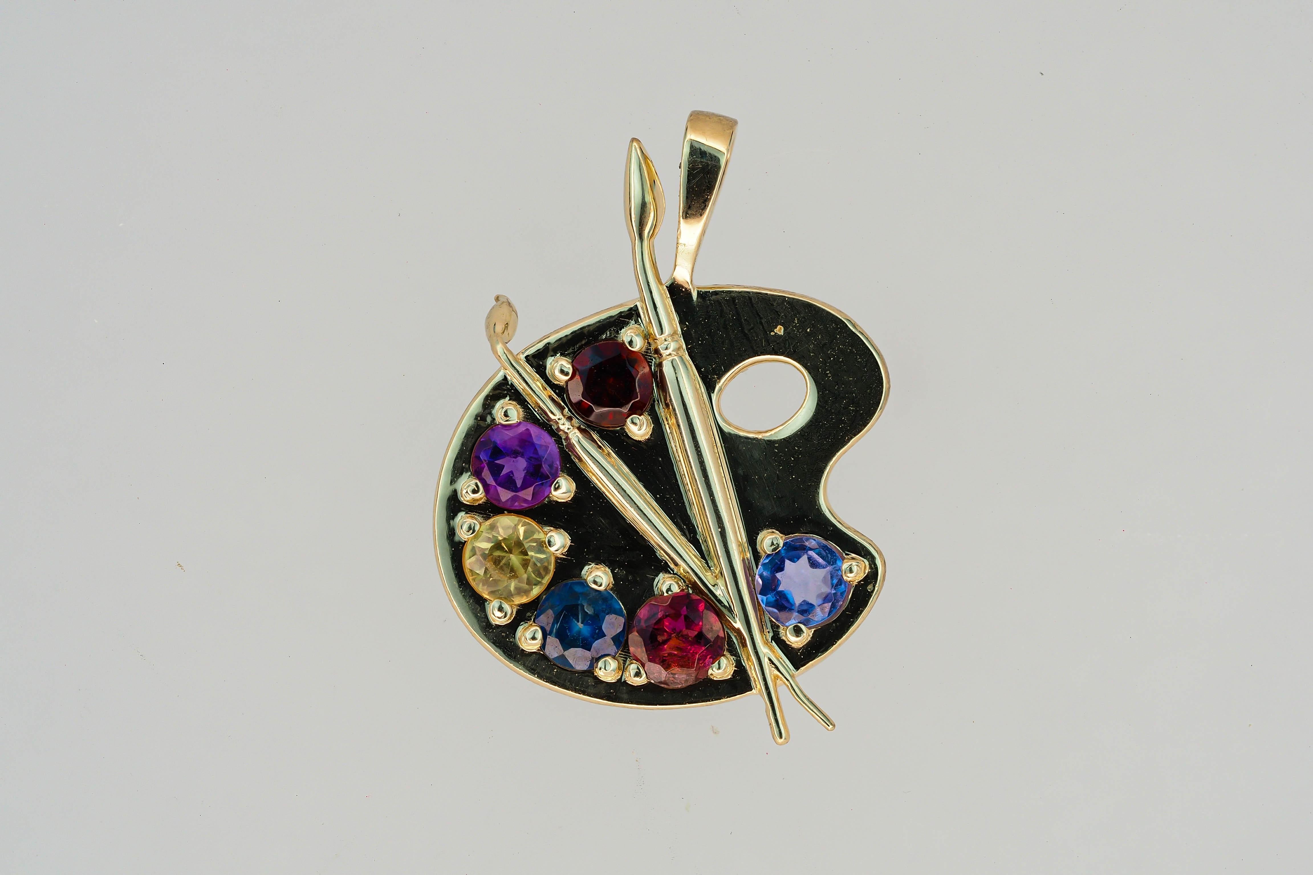 Palette with Paints 14k Gold Pendant with Colored Stones, Paint Palette Pendant For Sale 1