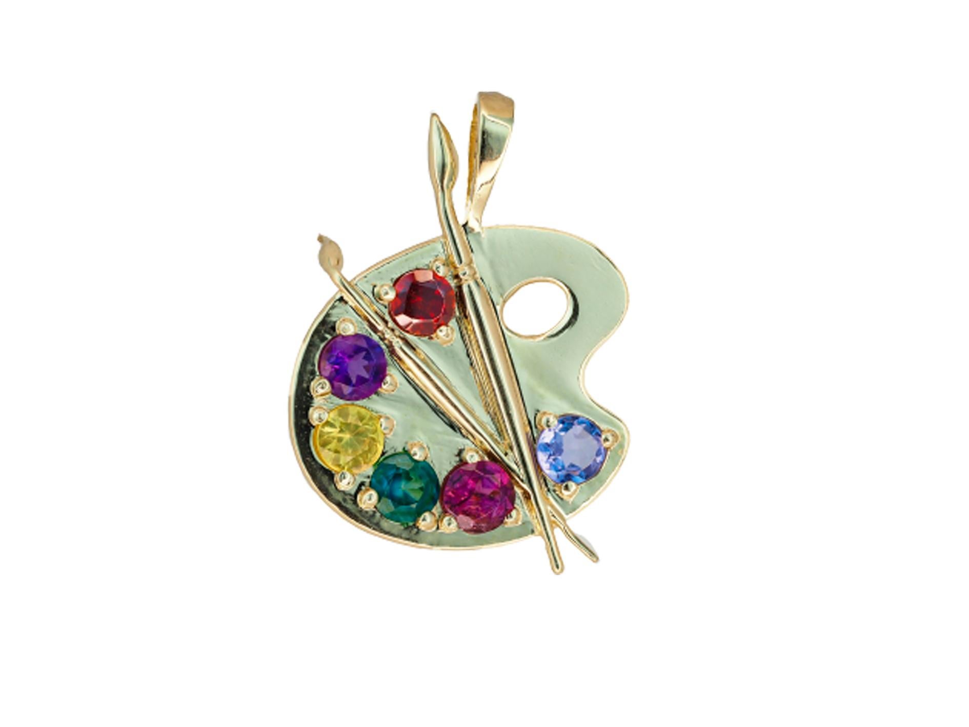 Palette with Paints 14k Gold Pendant with Colored Stones, Paint Palette Pendant For Sale 7