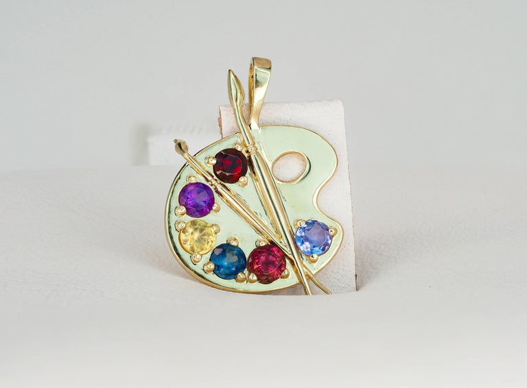 Palette with Paints 14k Gold Pendant with Colored Stones Paint Palette