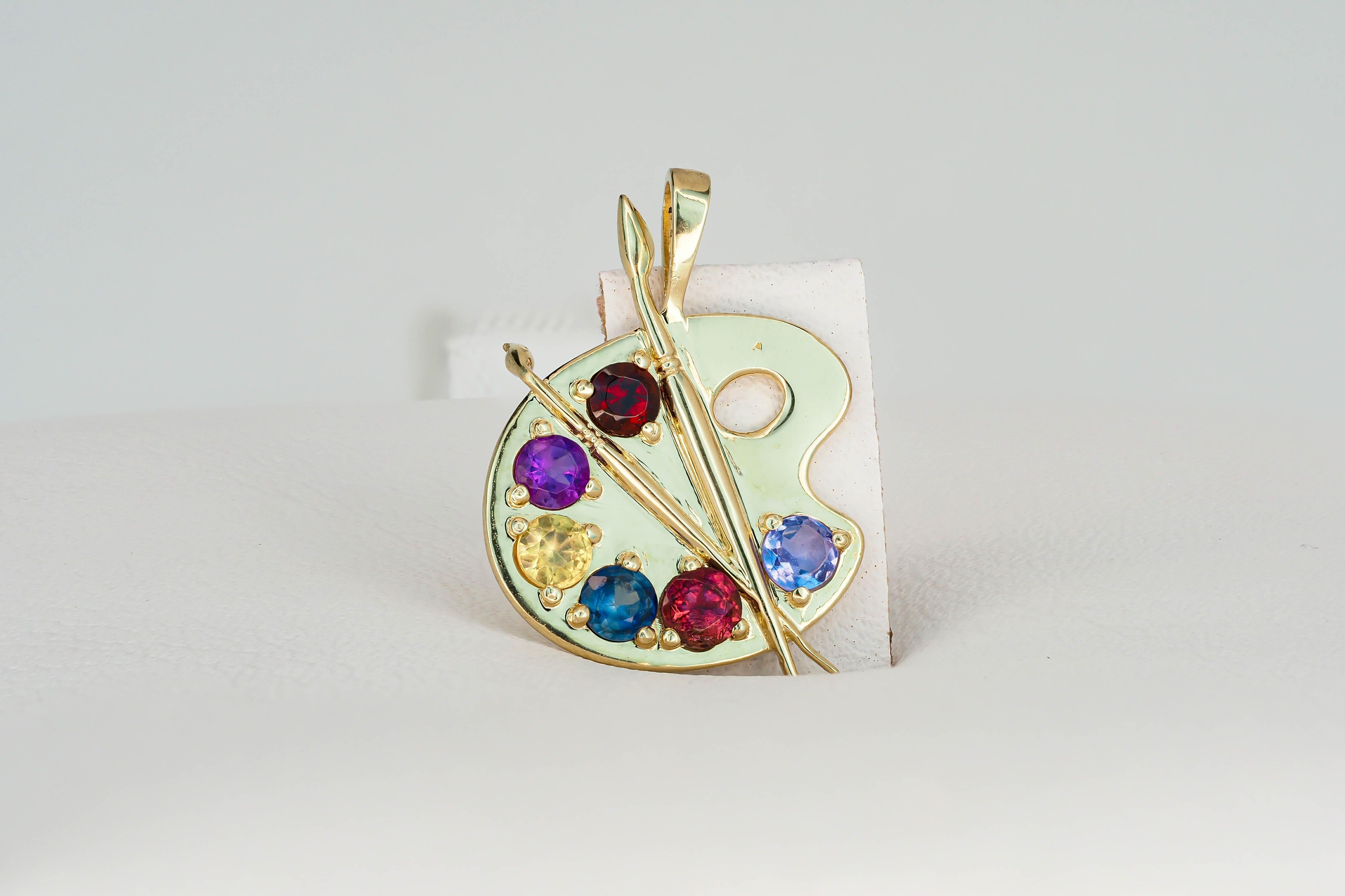 Modern Palette with Paints 14k Gold Pendant with Colored Stones, Paint Palette Pendant For Sale