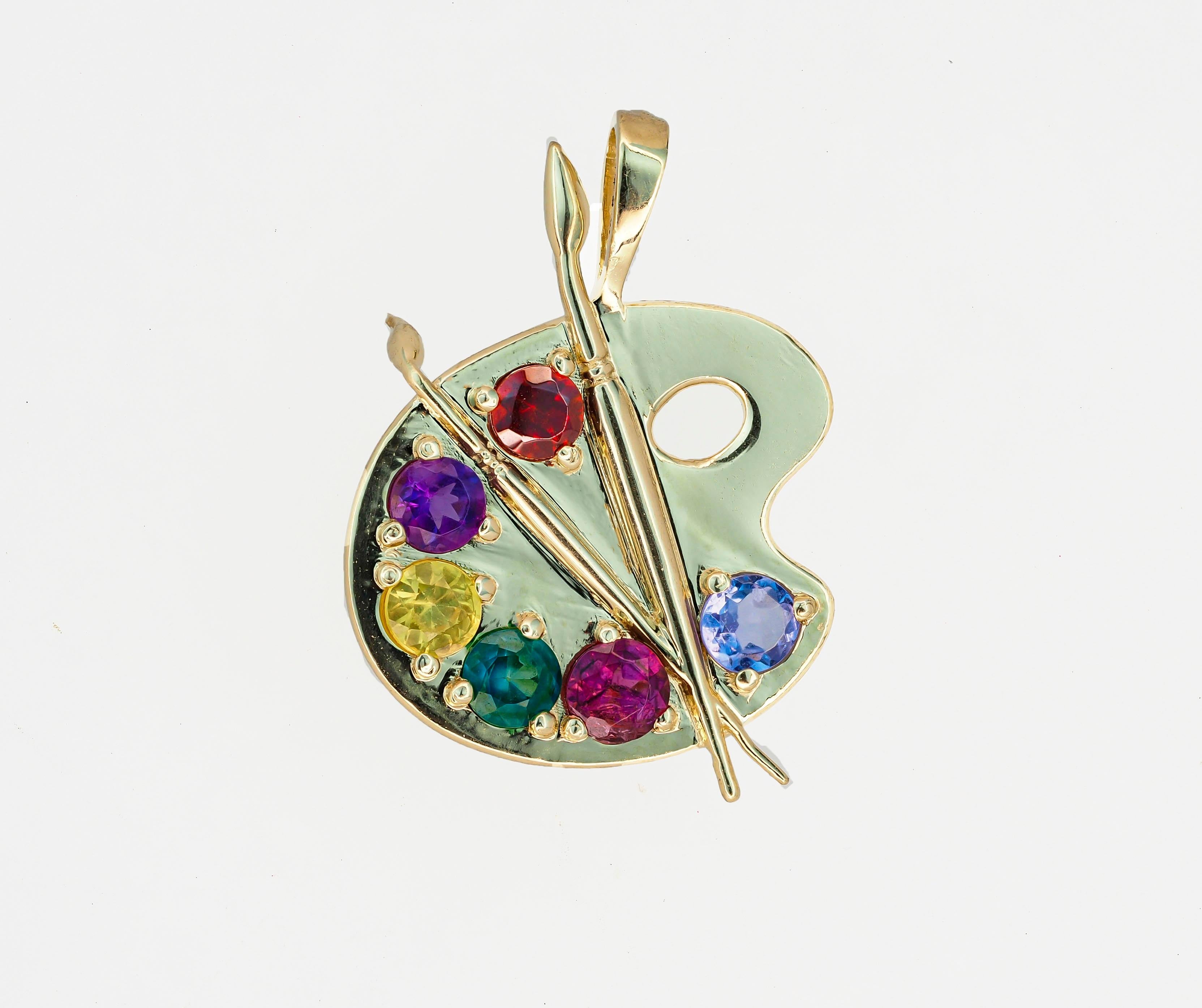 Palette with Paints 14k Gold Pendant with Colored Stones, Paint Palette Pendant 1