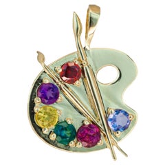 Used Palette with Paints 14k Gold Pendant with Colored Stones, Paint Palette Pendant