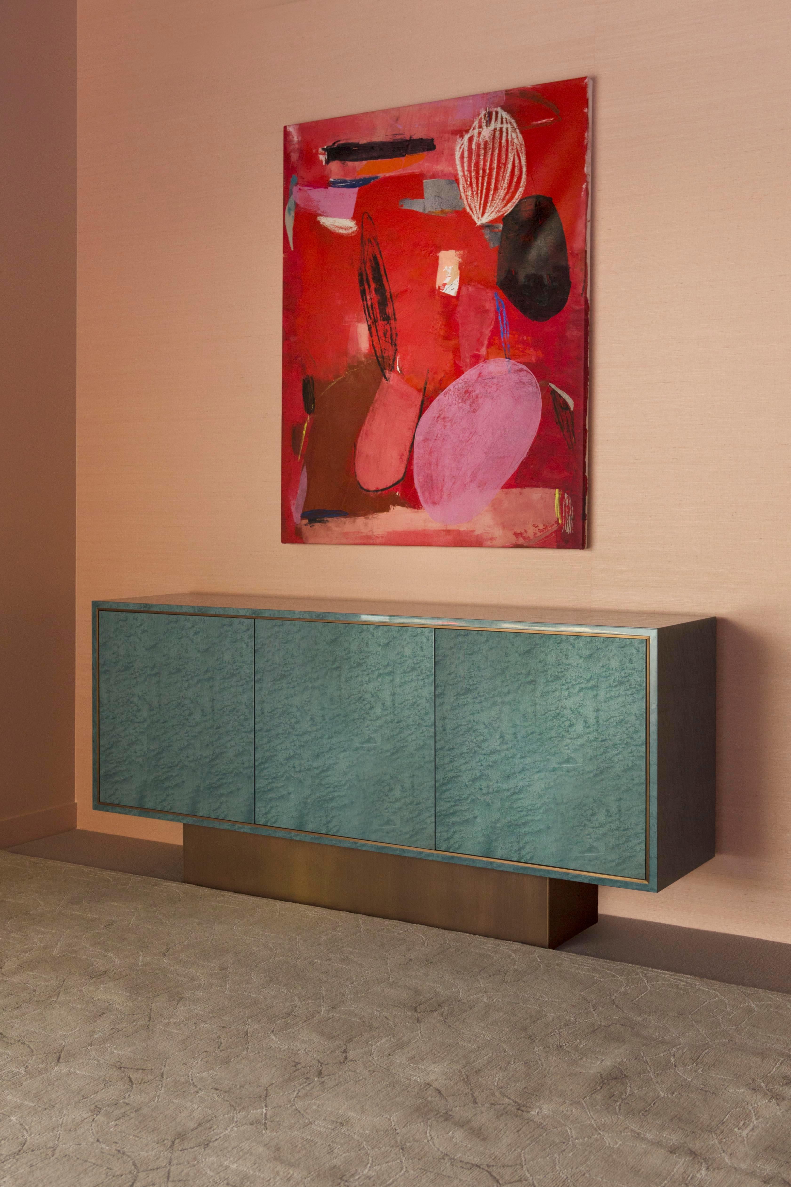 Modern Davidson's '70s Inspired, Palisades Side Cabinet in Turquoise and Antiqued Brass